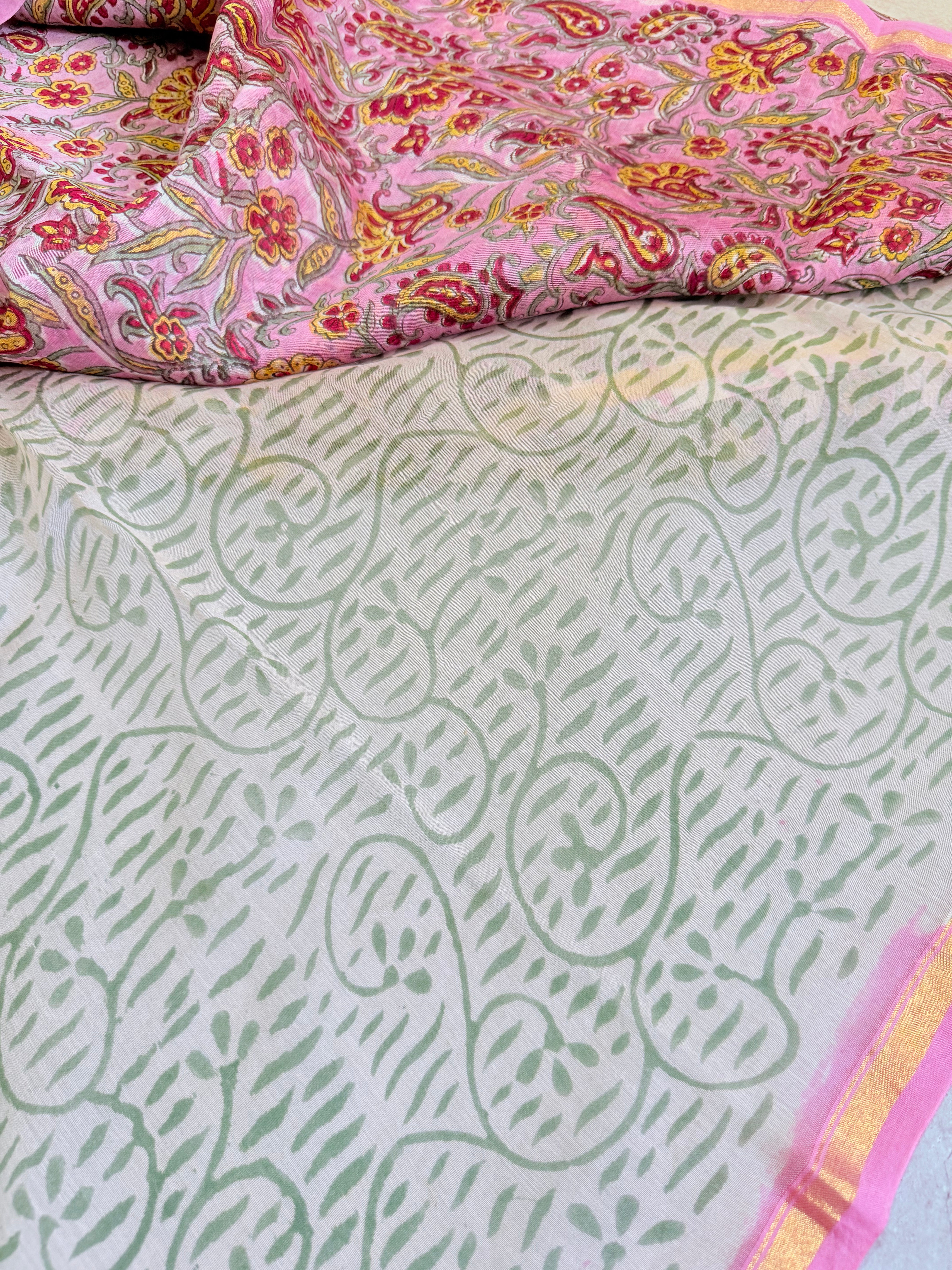 Ravika | Pink and Red Floral Block Printed Chanderi Saree