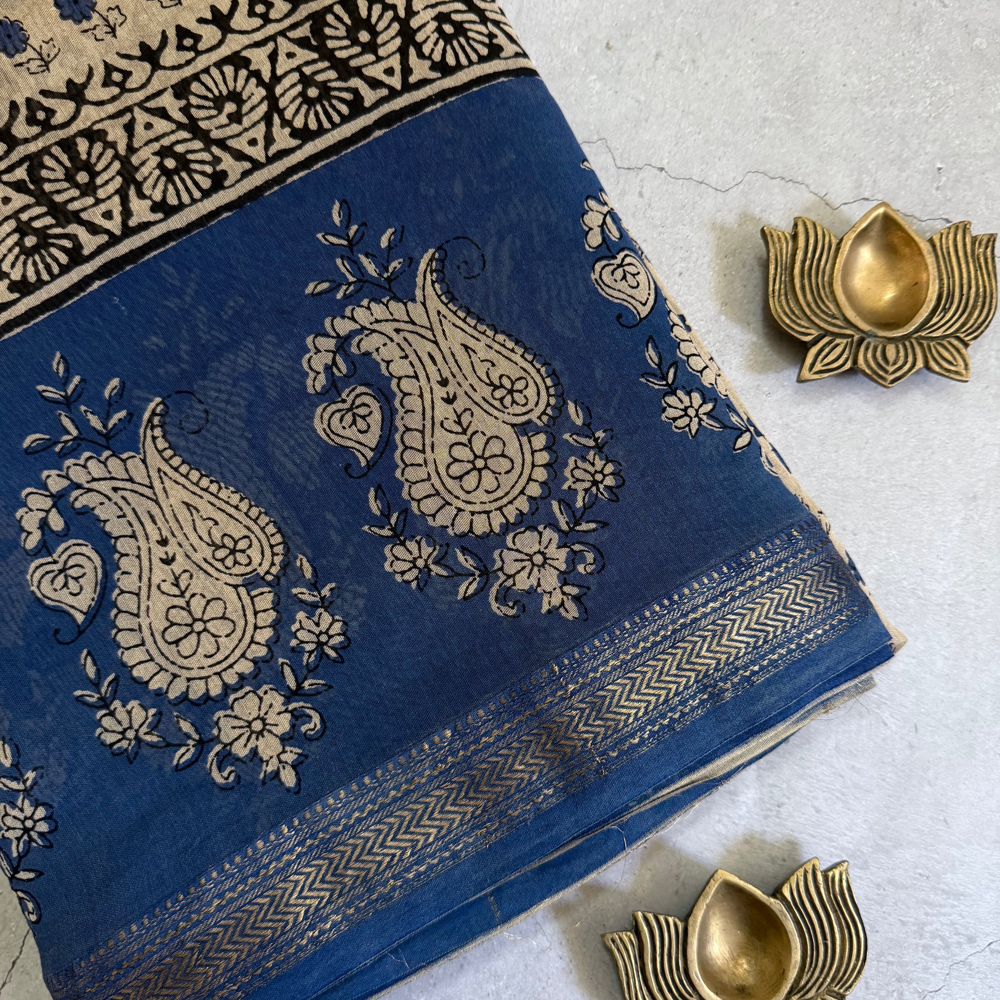 Lepa |Beige and Blue Block Printed Maheshwari Saree