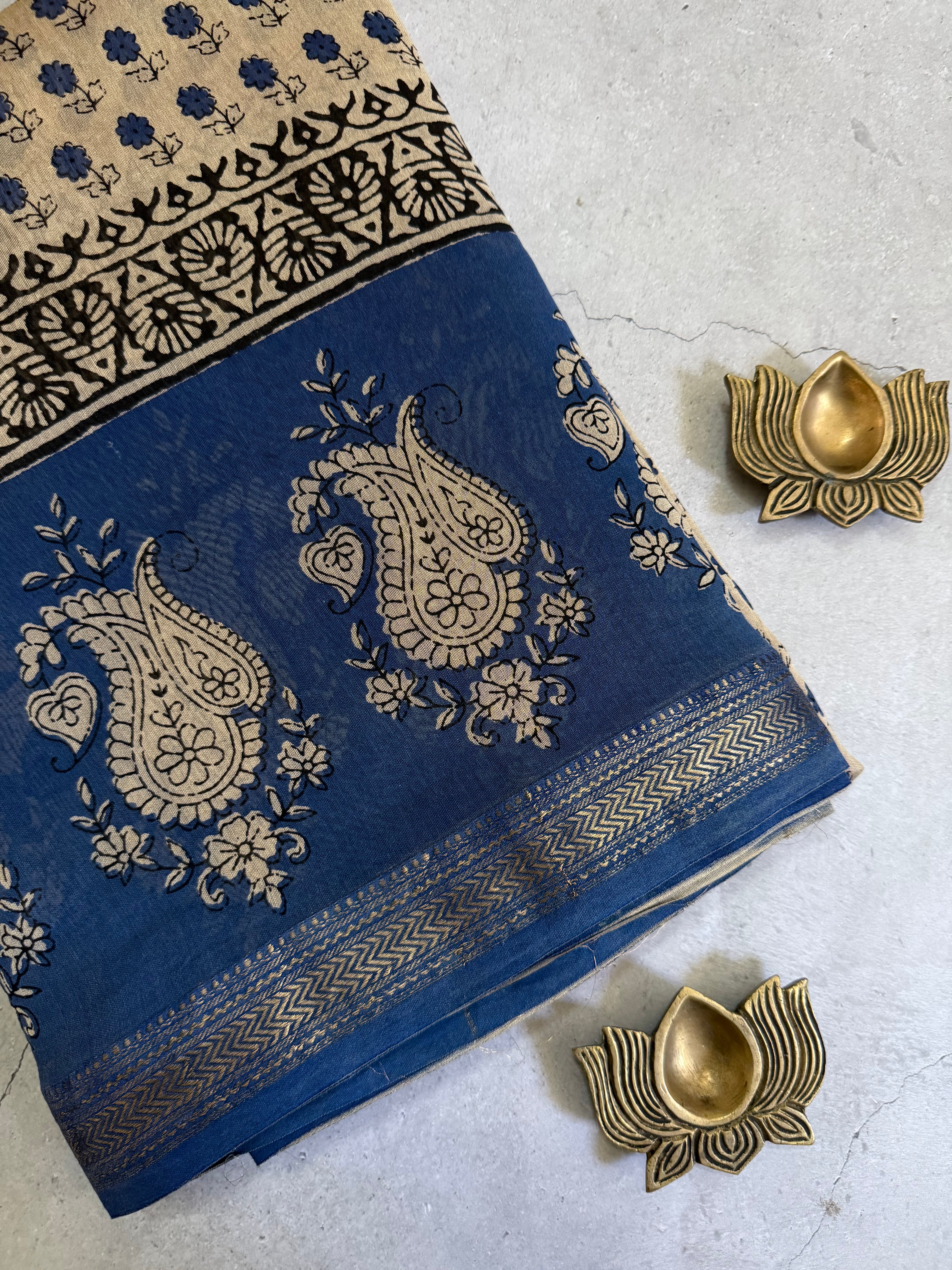Lepa |Beige and Blue Block Printed Maheshwari Saree