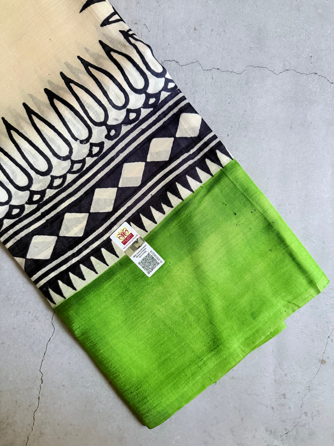 Avaarna | Green and Black Hand Printed Silk Saree