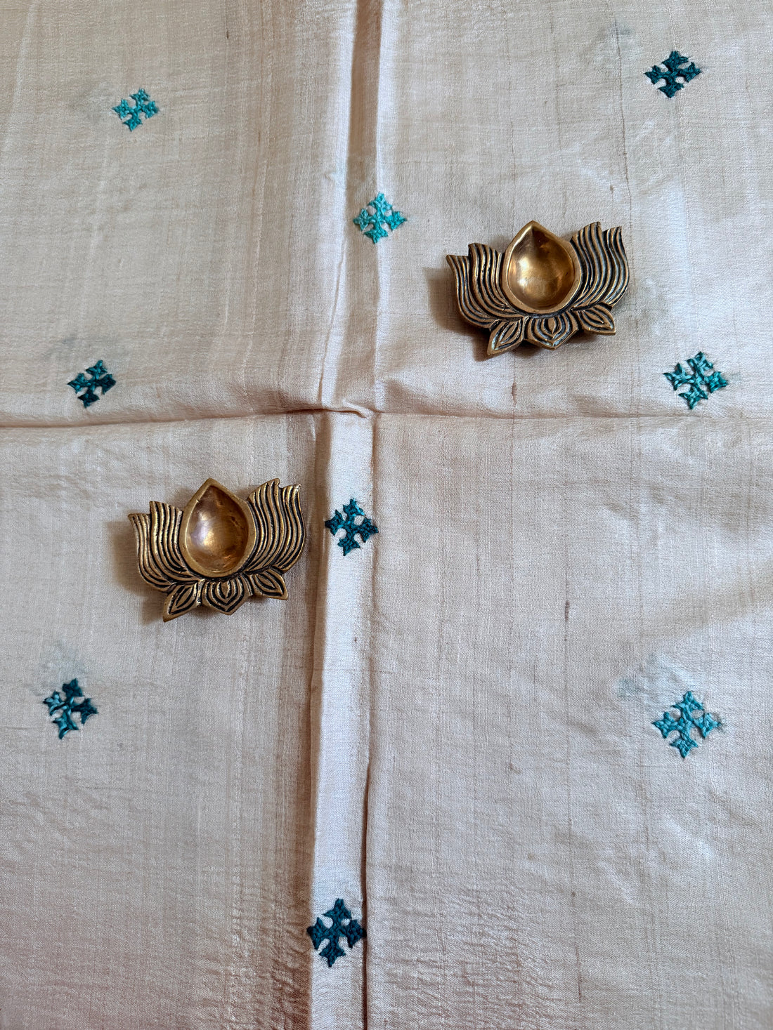 Teal Green Kutch Embroidered on Pure Desi Tussar Blouse Fabric