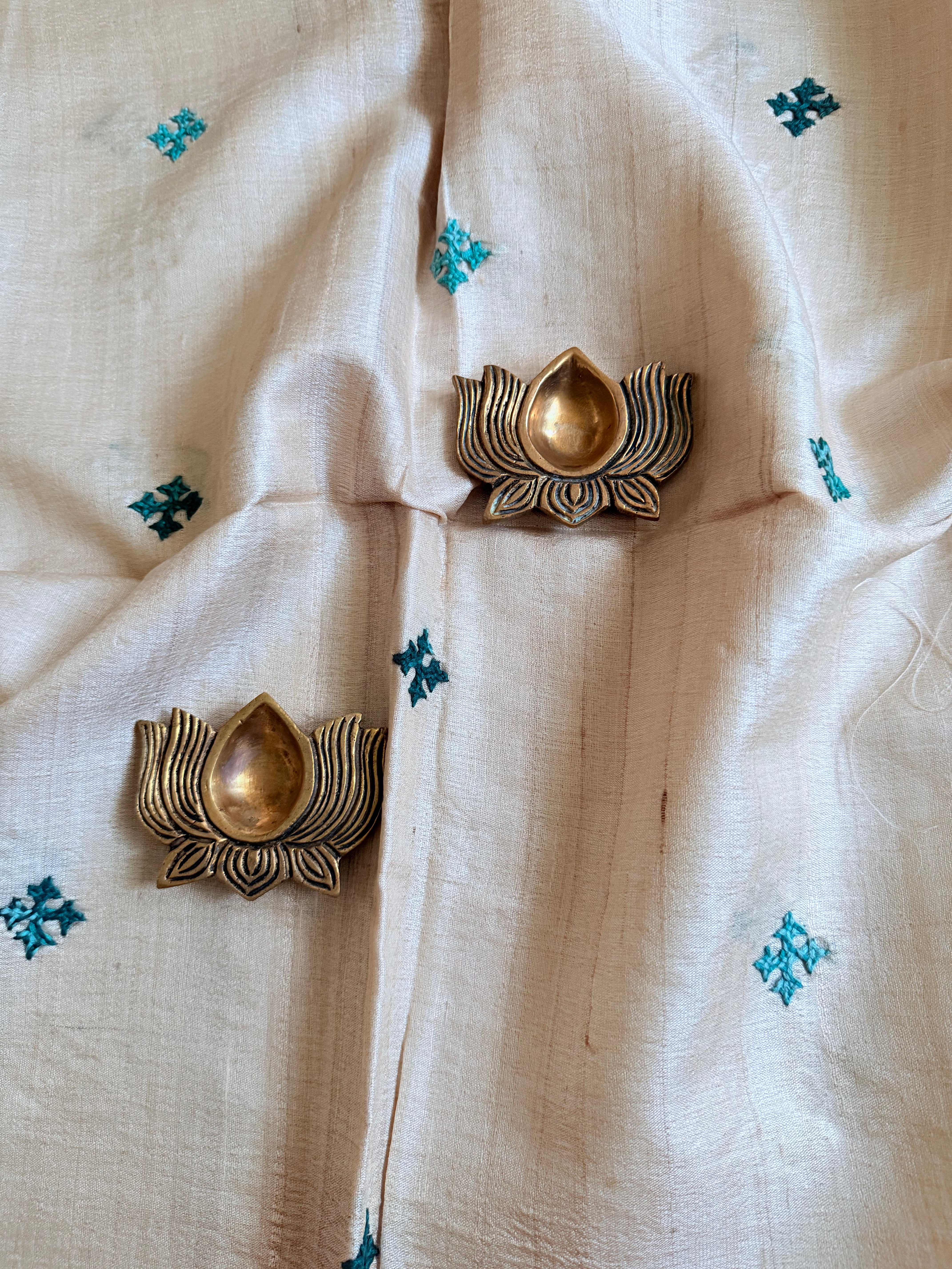 Teal Green Kutch Embroidered on Pure Desi Tussar Blouse Fabric