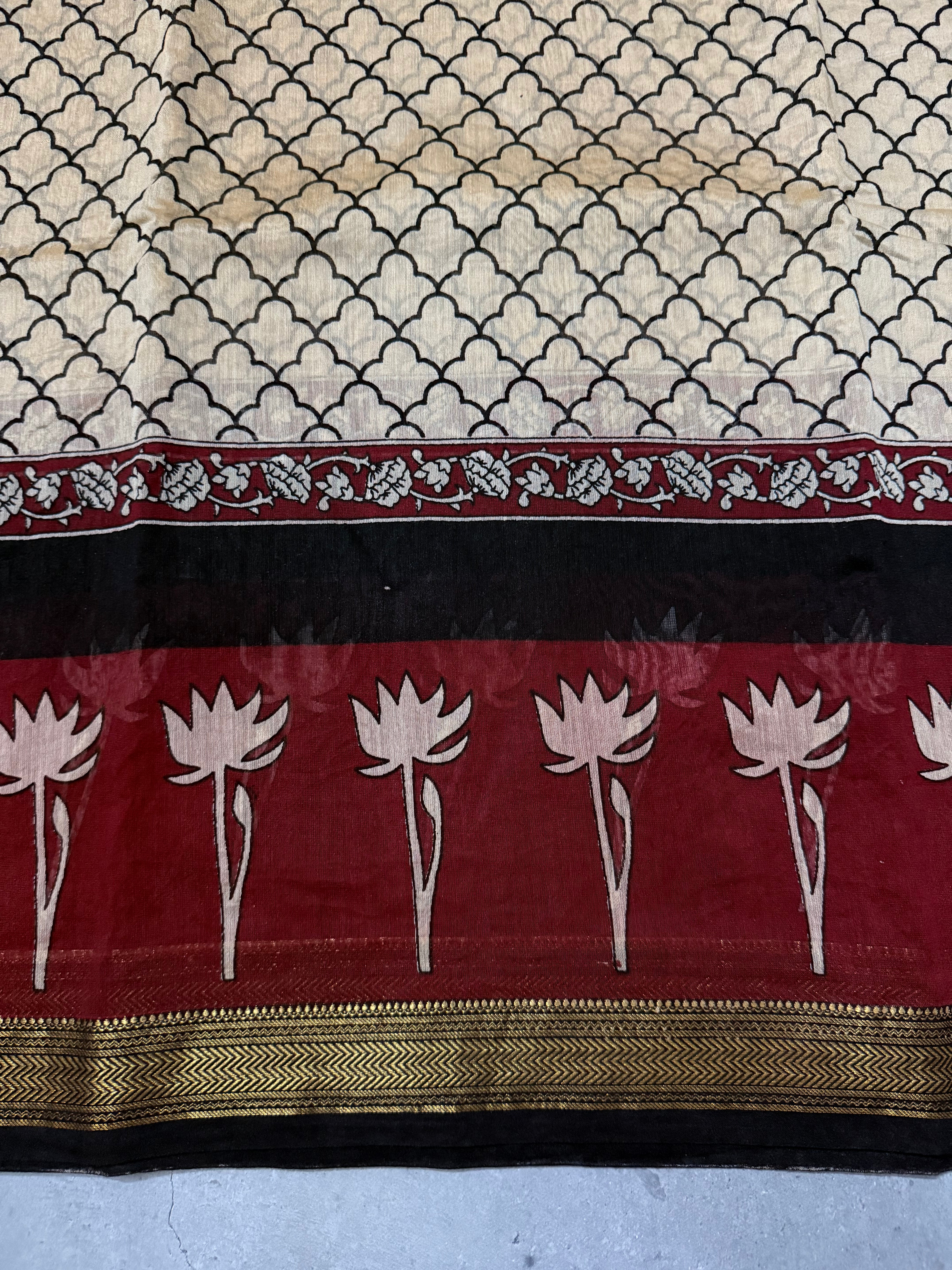 Zayana |Beige and Maroon Block Printed Maheshwari Saree