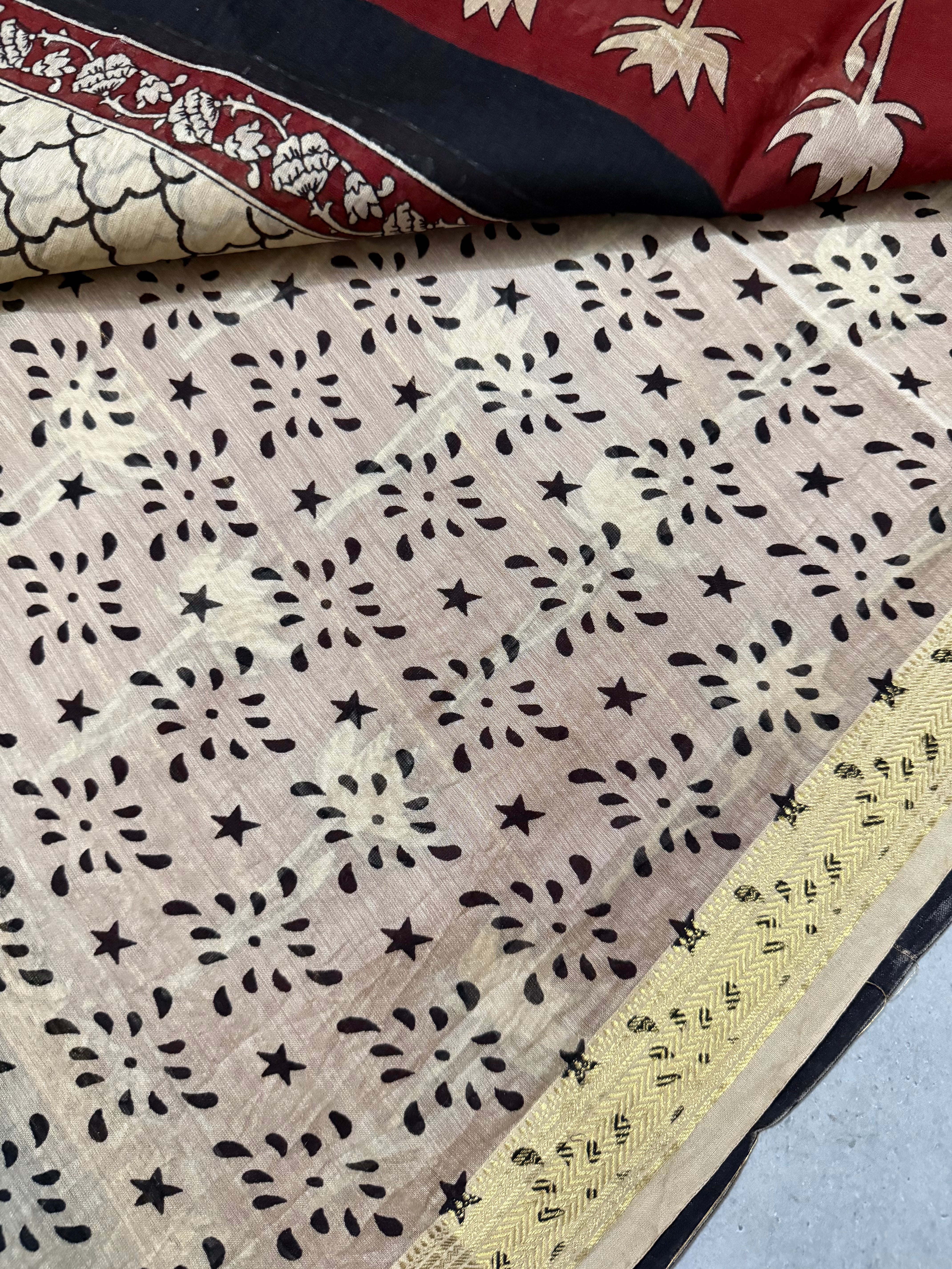 Zayana |Beige and Maroon Block Printed Maheshwari Saree