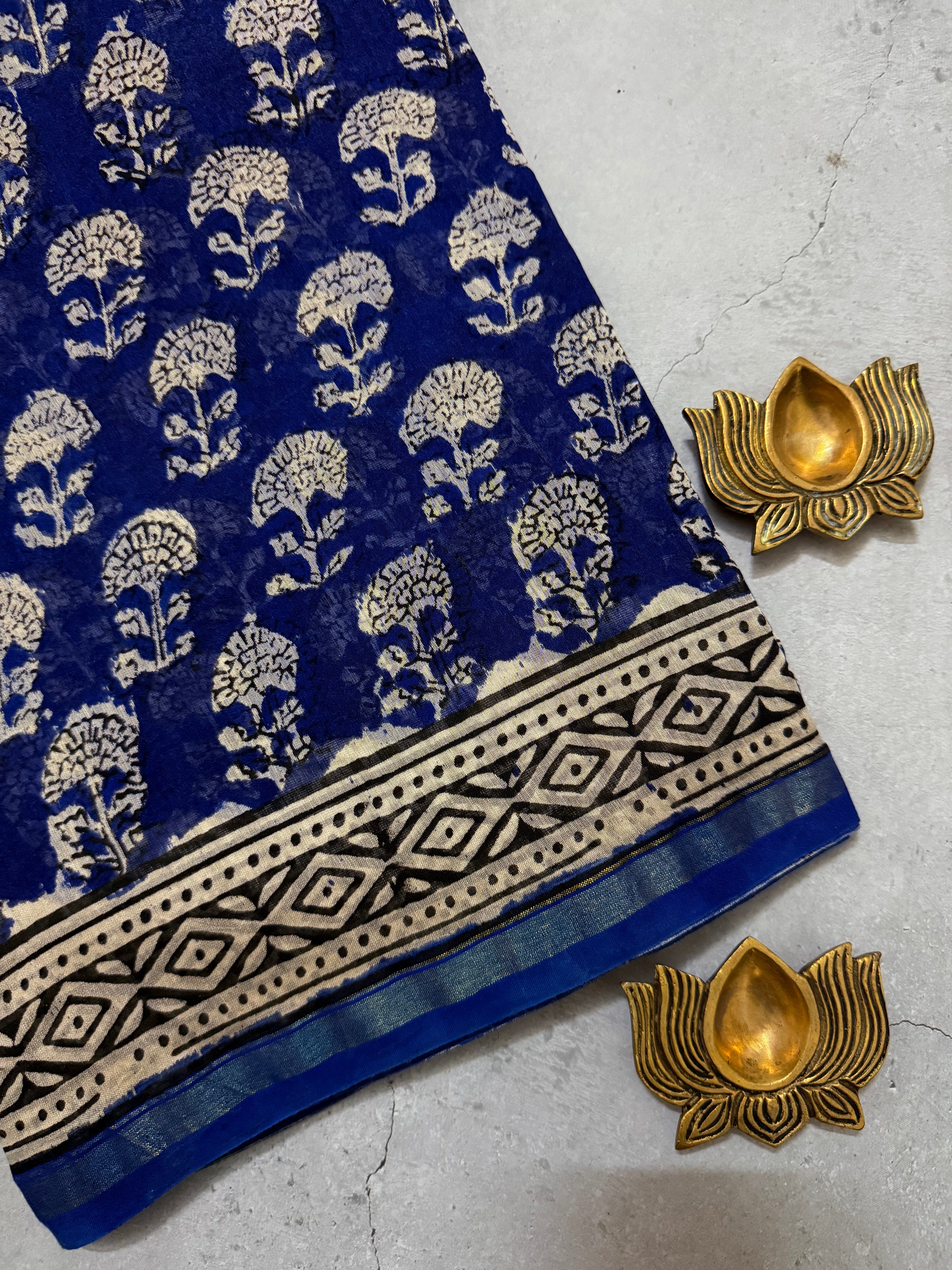 Oorja | Ink Blue and Yellow Floral Block Printed Chanderi Saree