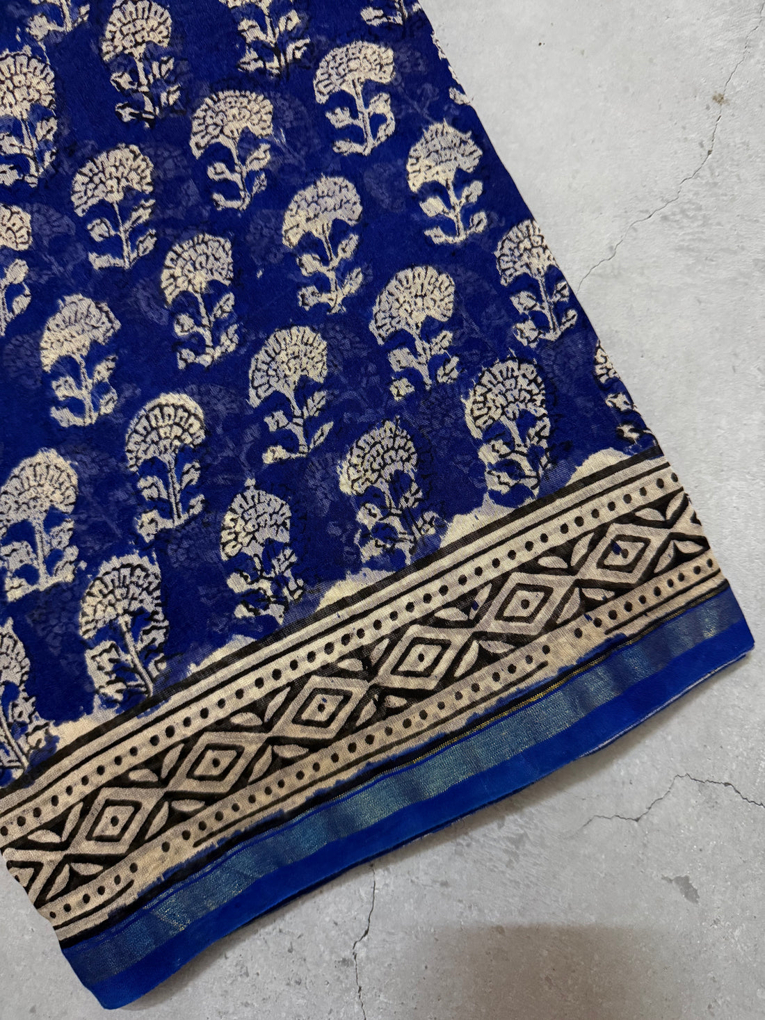 Oorja | Ink Blue and Yellow Floral Block Printed Chanderi Saree