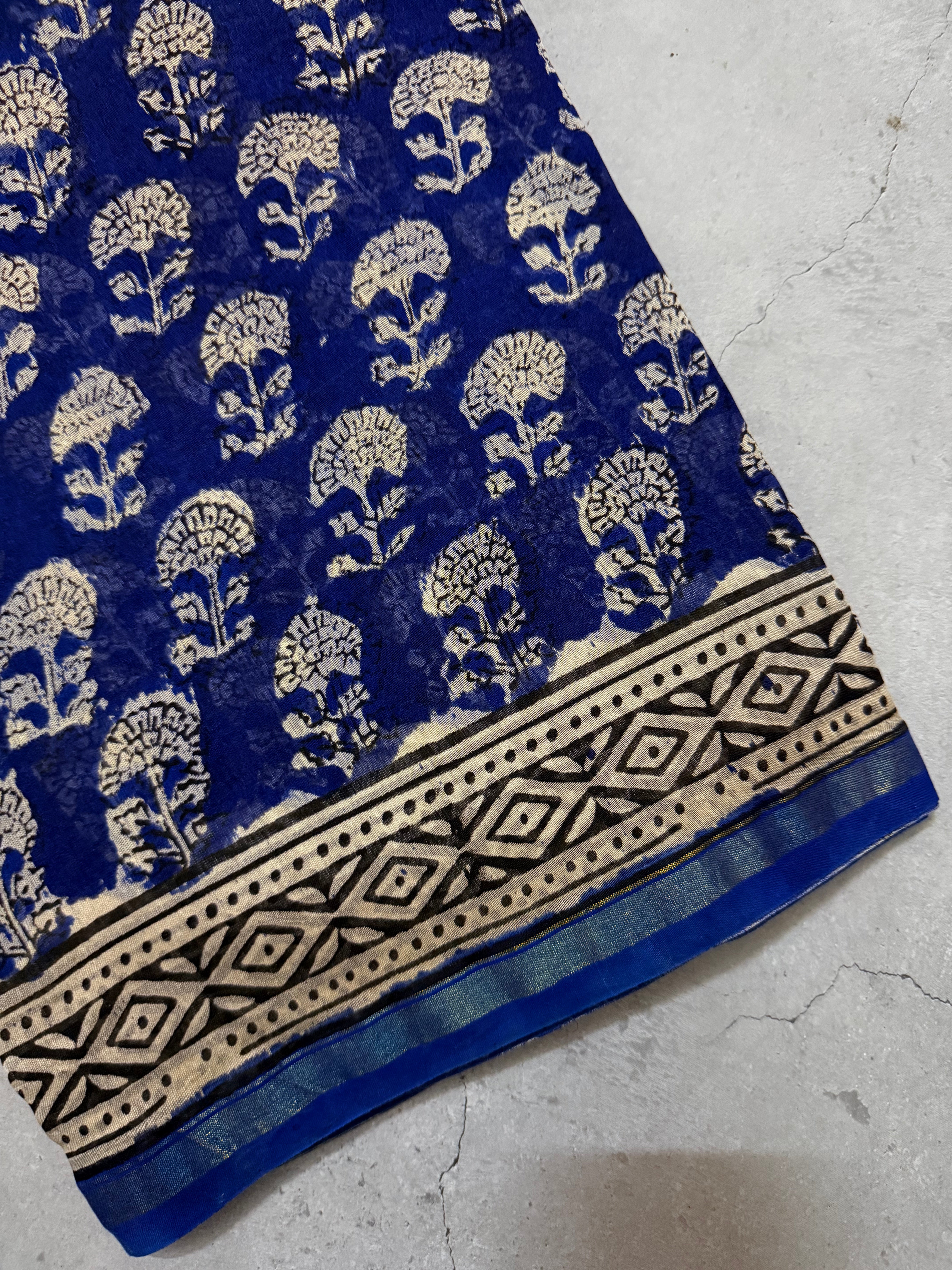 Oorja | Ink Blue and Yellow Floral Block Printed Chanderi Saree
