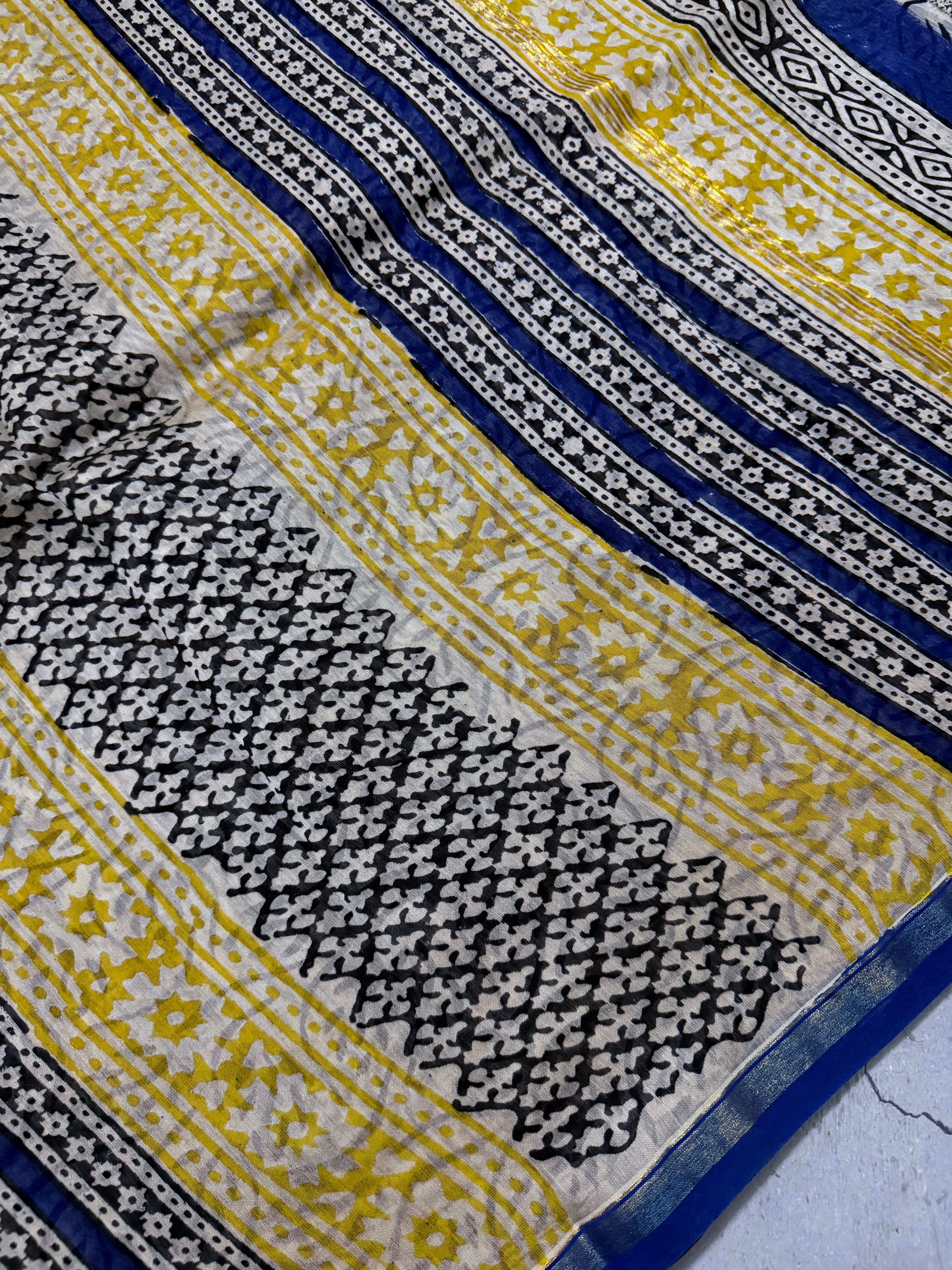 Oorja | Ink Blue and Yellow Floral Block Printed Chanderi Saree