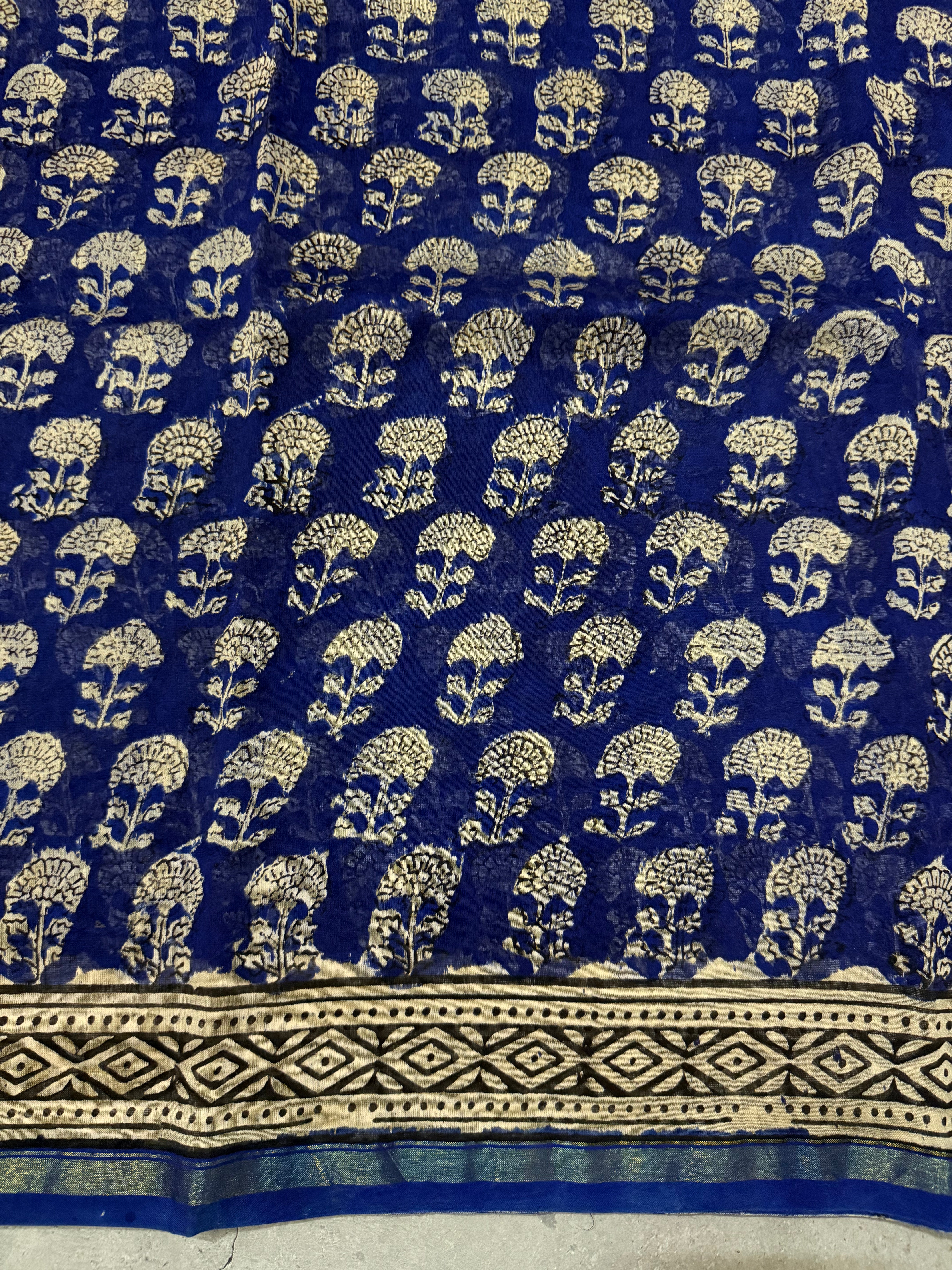 Oorja | Ink Blue and Yellow Floral Block Printed Chanderi Saree