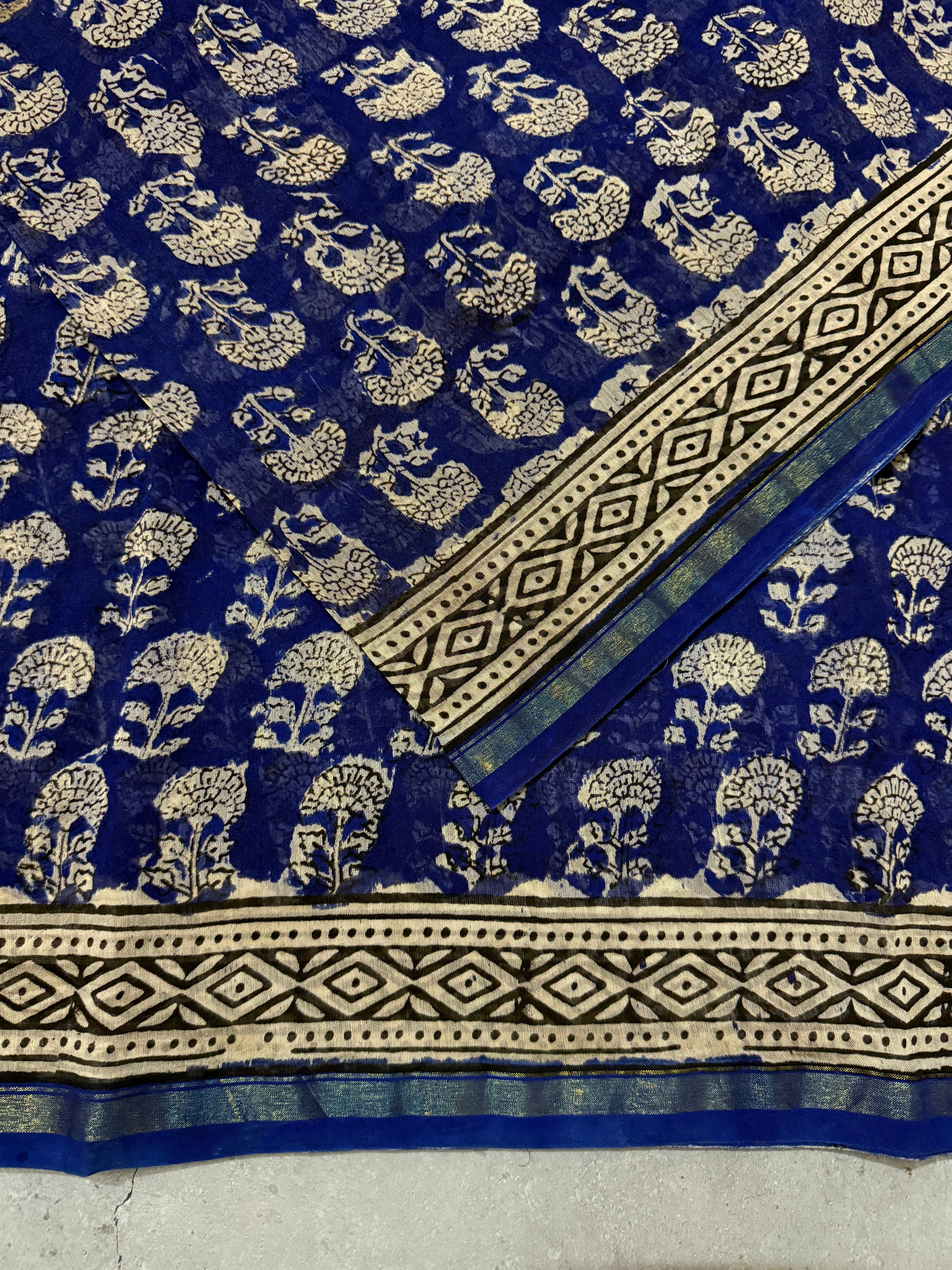Oorja | Ink Blue and Yellow Floral Block Printed Chanderi Saree
