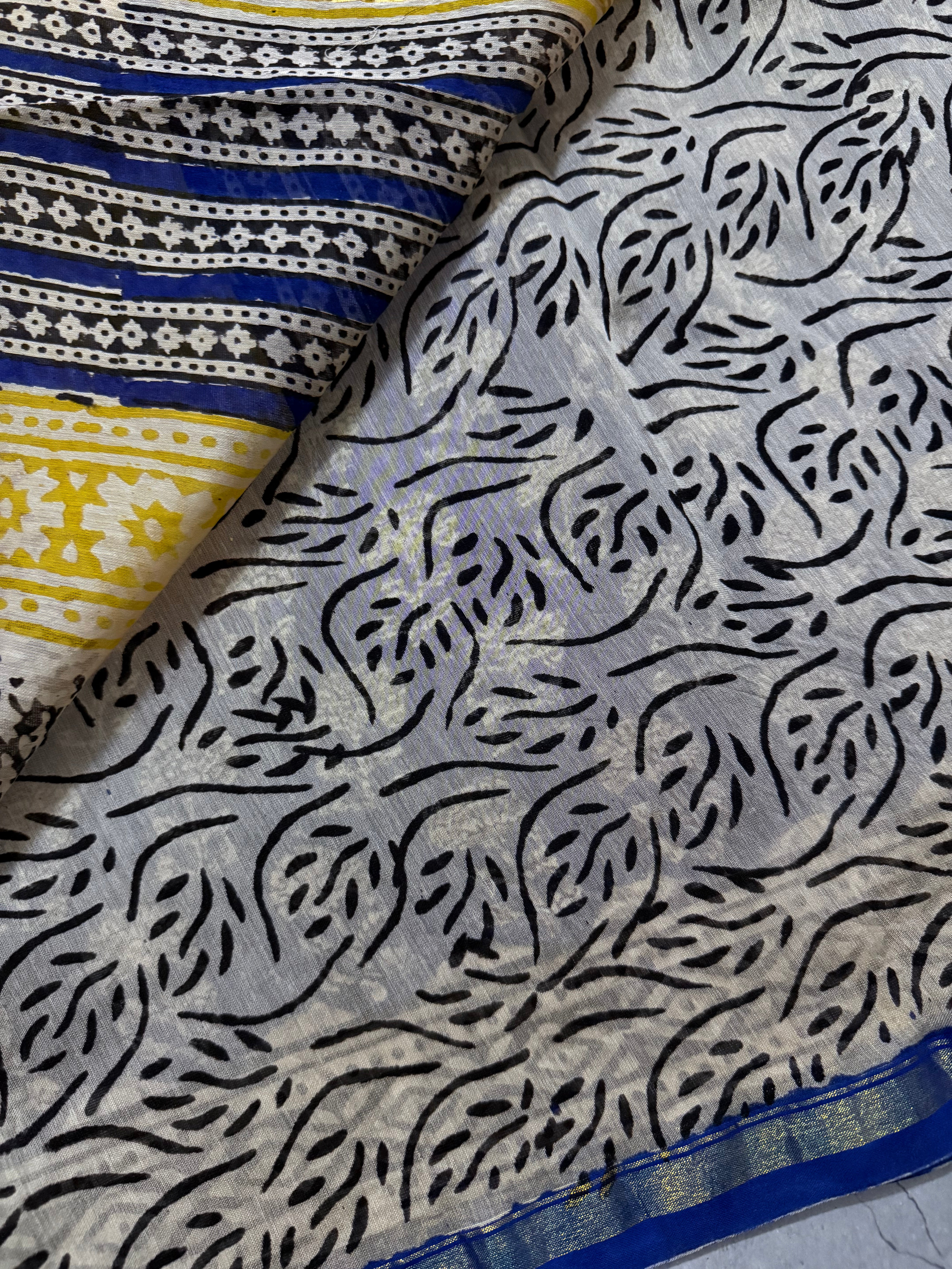 Oorja | Ink Blue and Yellow Floral Block Printed Chanderi Saree