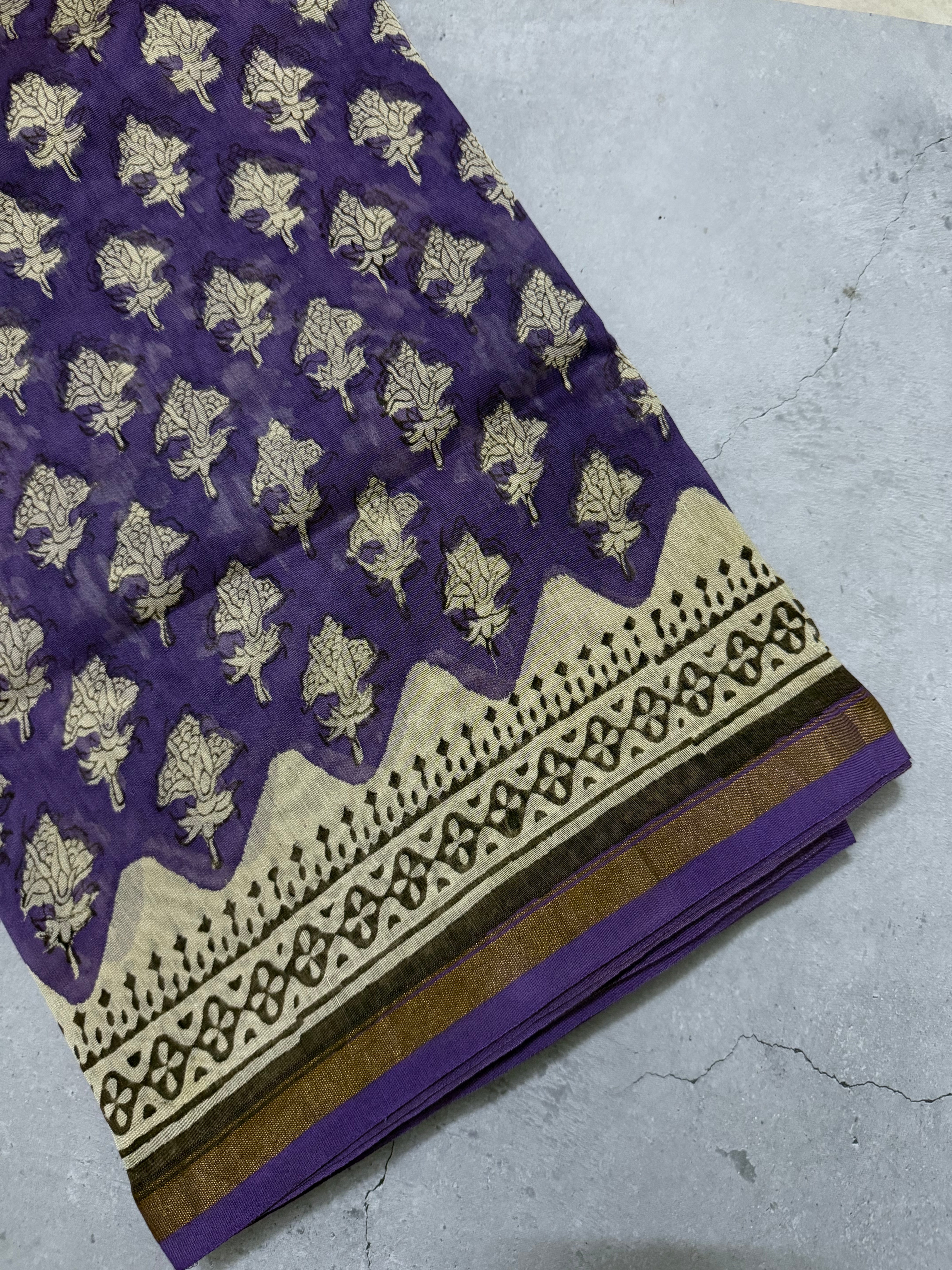 Triloka | Purple and White Floral Block Printed Chanderi Saree