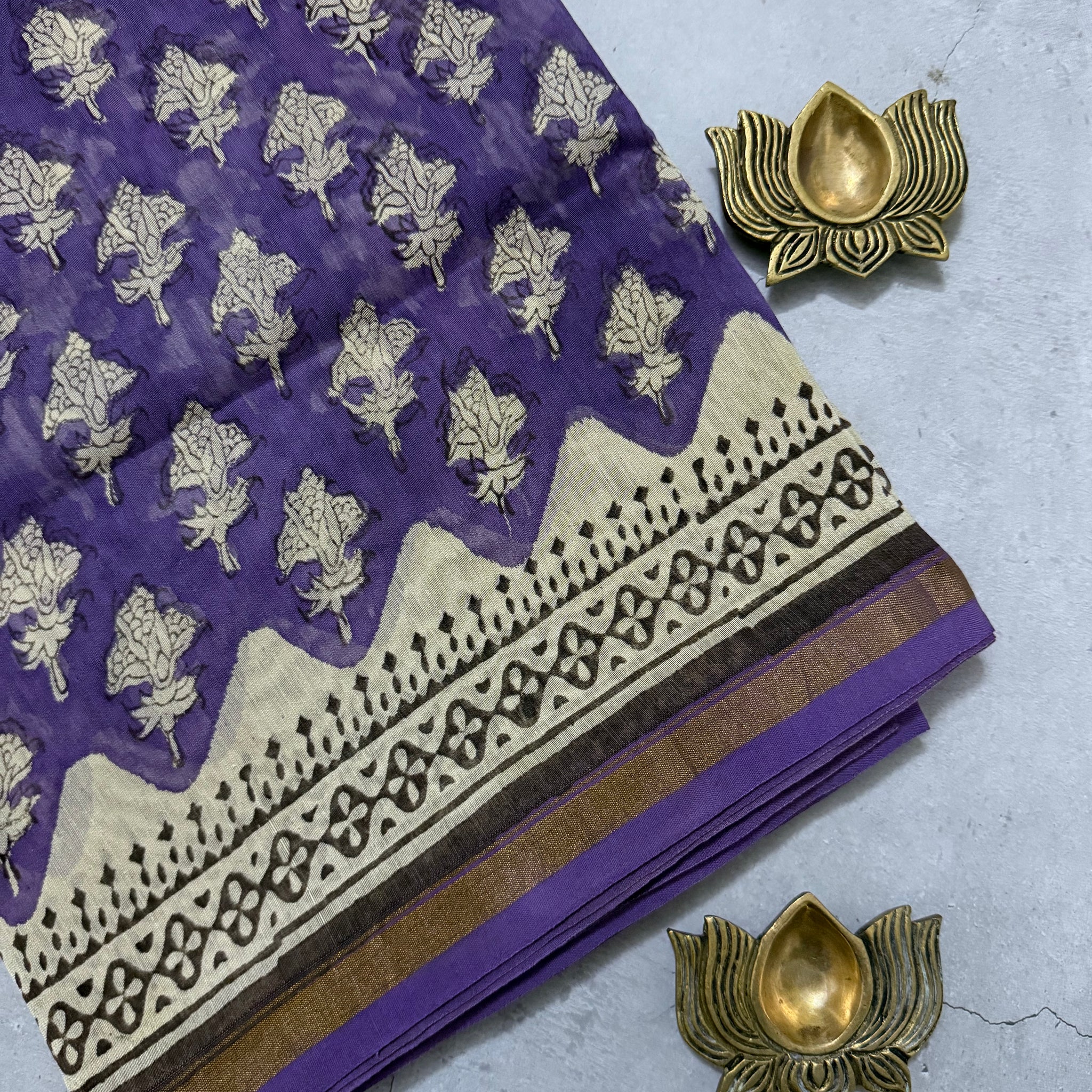 Triloka | Purple and White Floral Block Printed Chanderi Saree