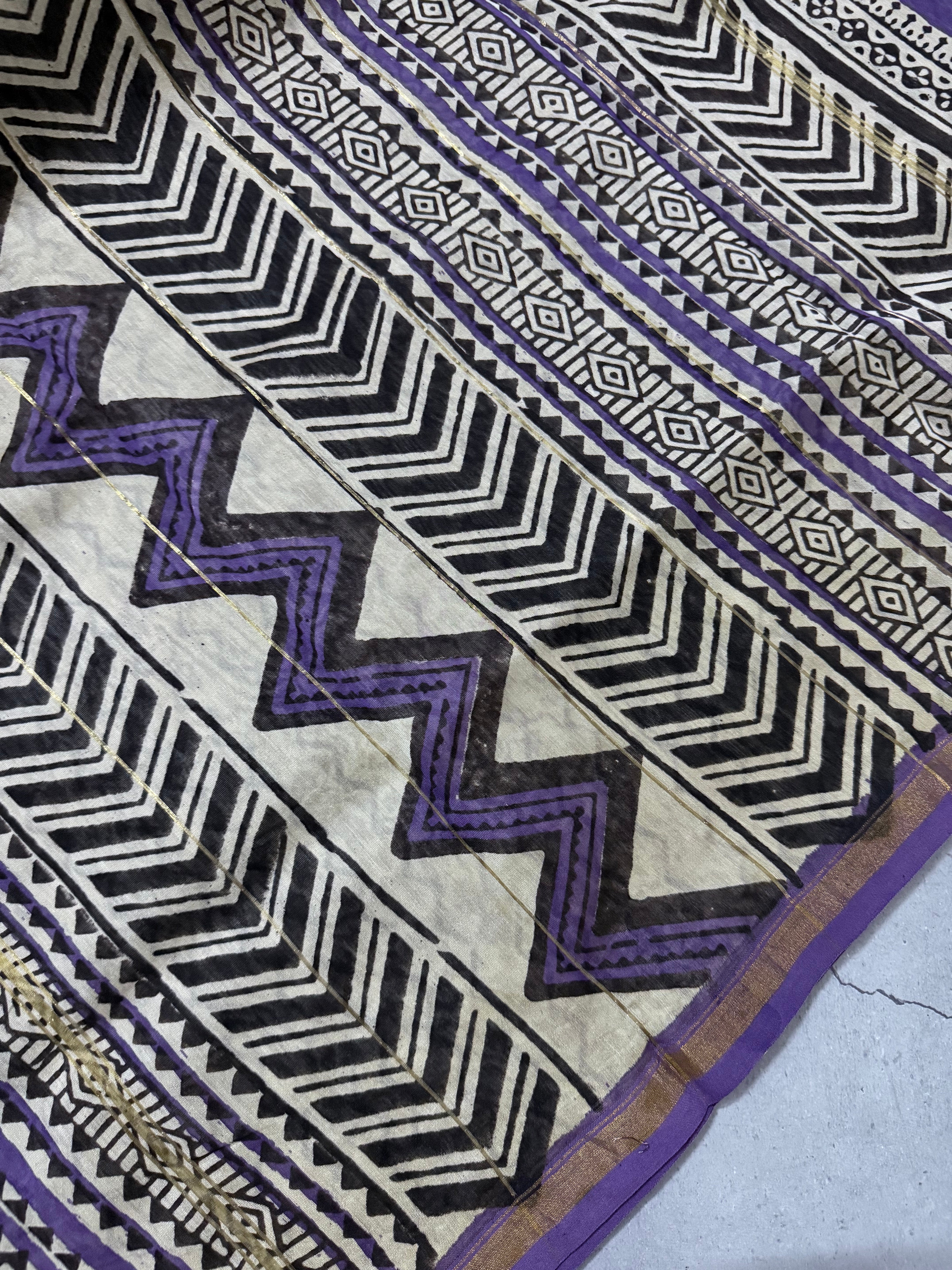 Triloka | Purple and White Floral Block Printed Chanderi Saree