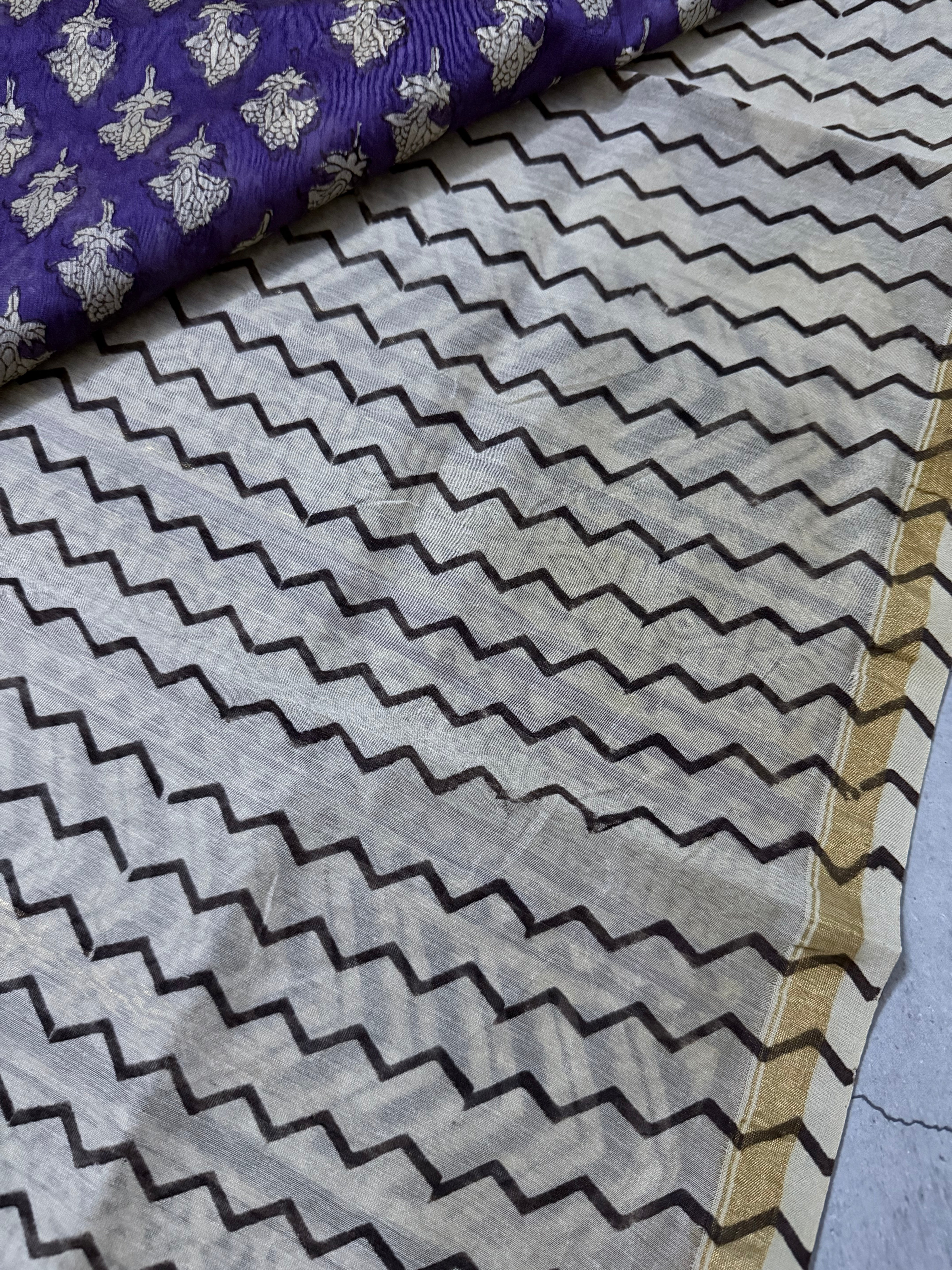 Triloka | Purple and White Floral Block Printed Chanderi Saree