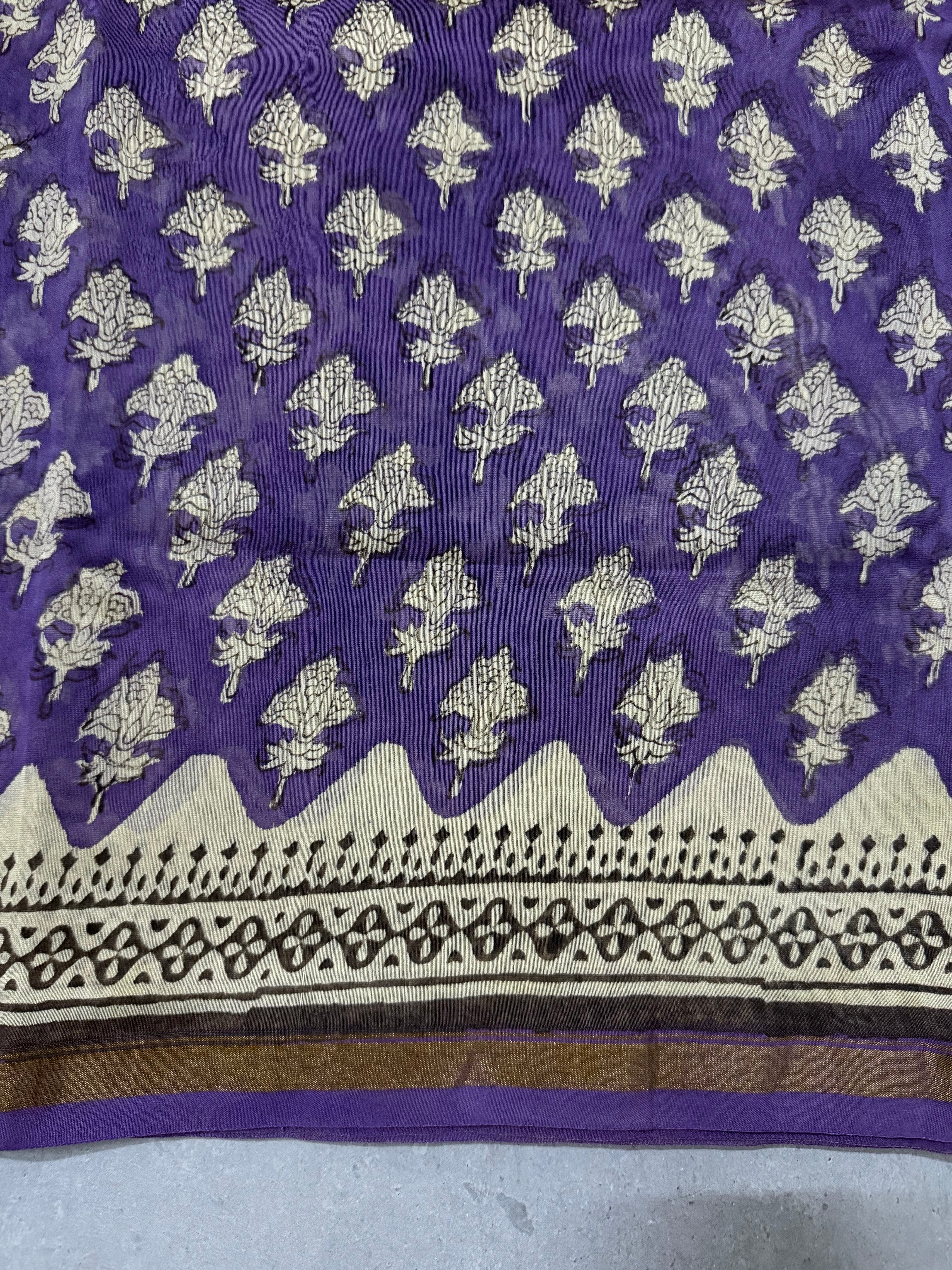 Triloka | Purple and White Floral Block Printed Chanderi Saree