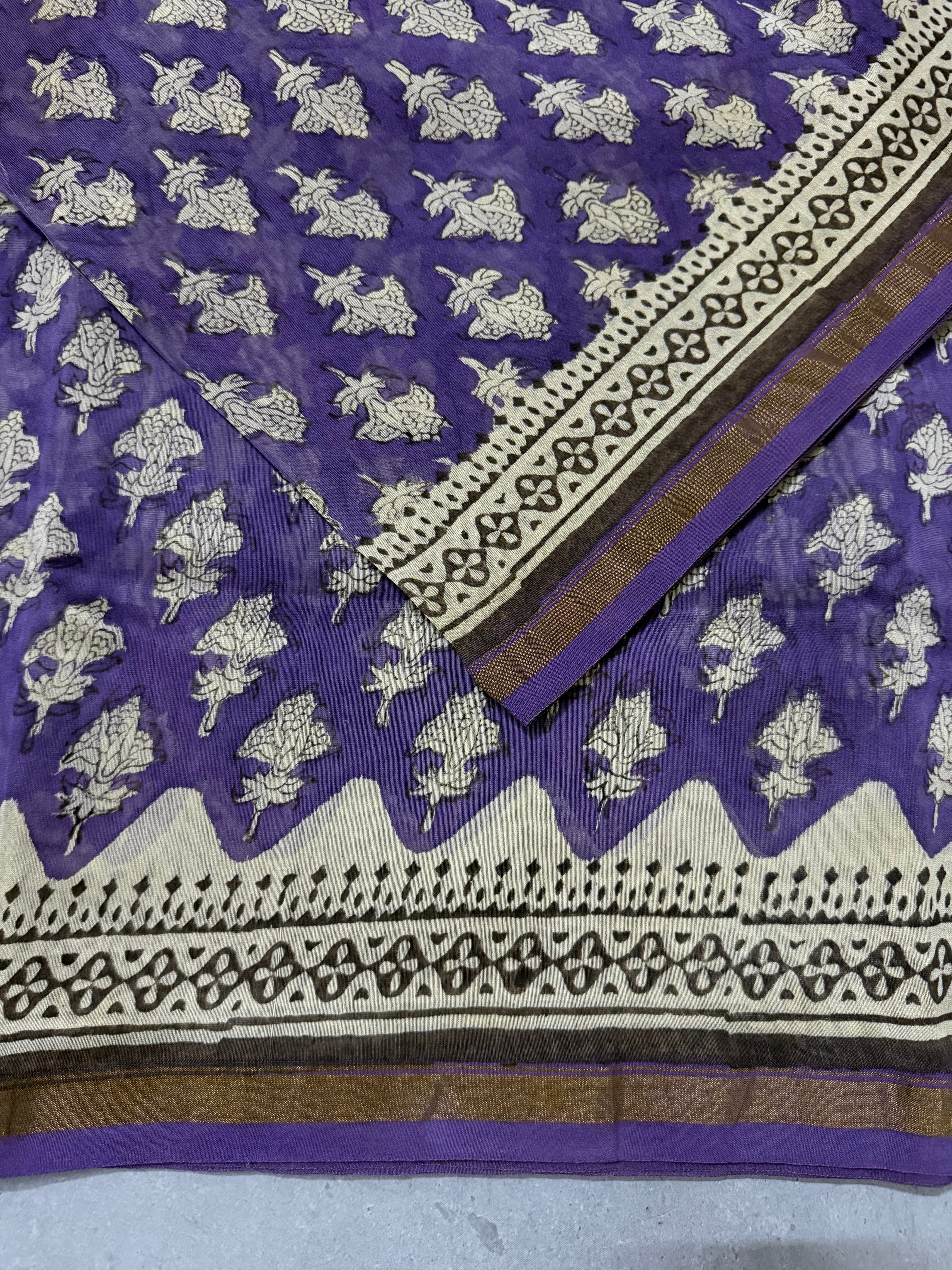Triloka | Purple and White Floral Block Printed Chanderi Saree