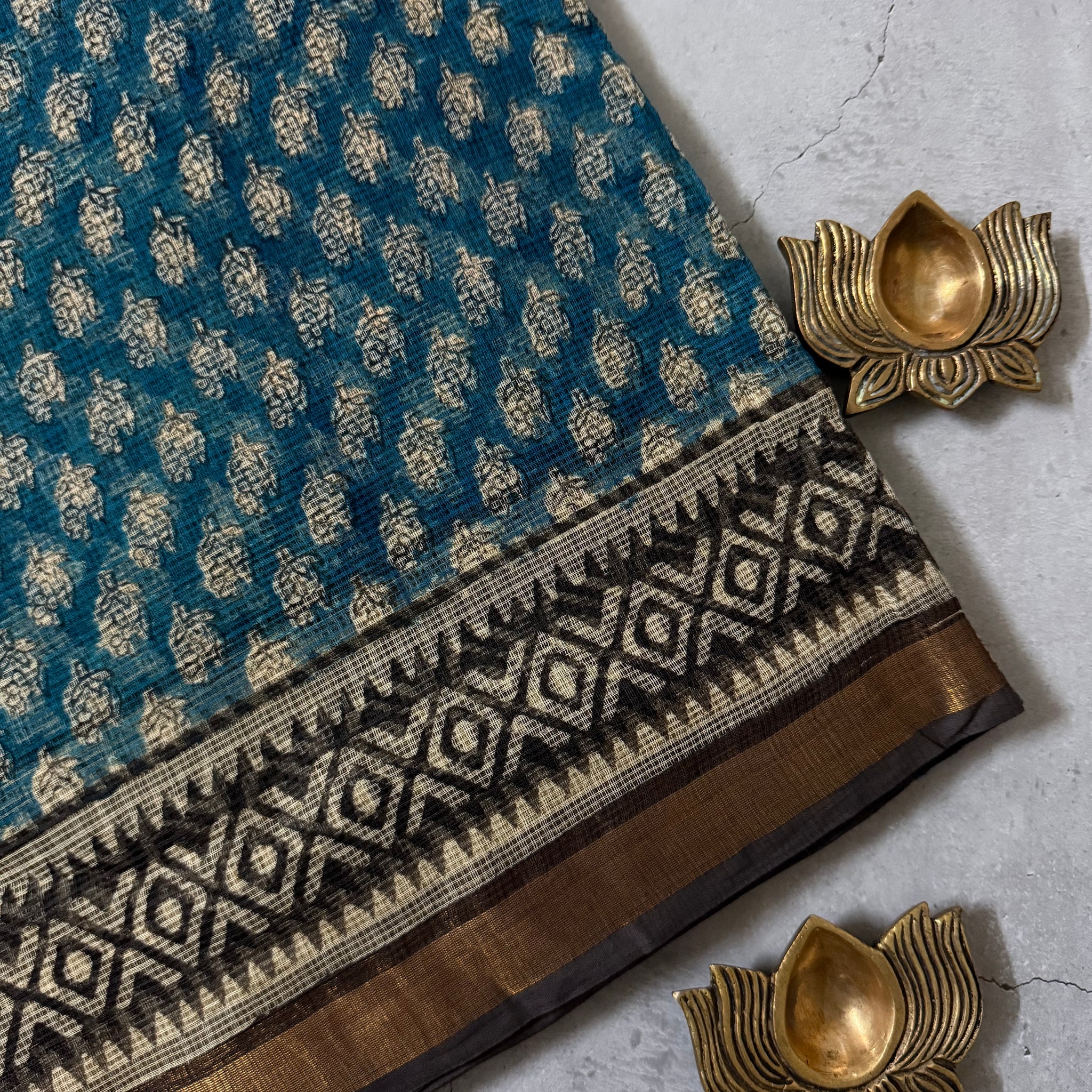 Kavisha | Blue Block Printed Kota Saree