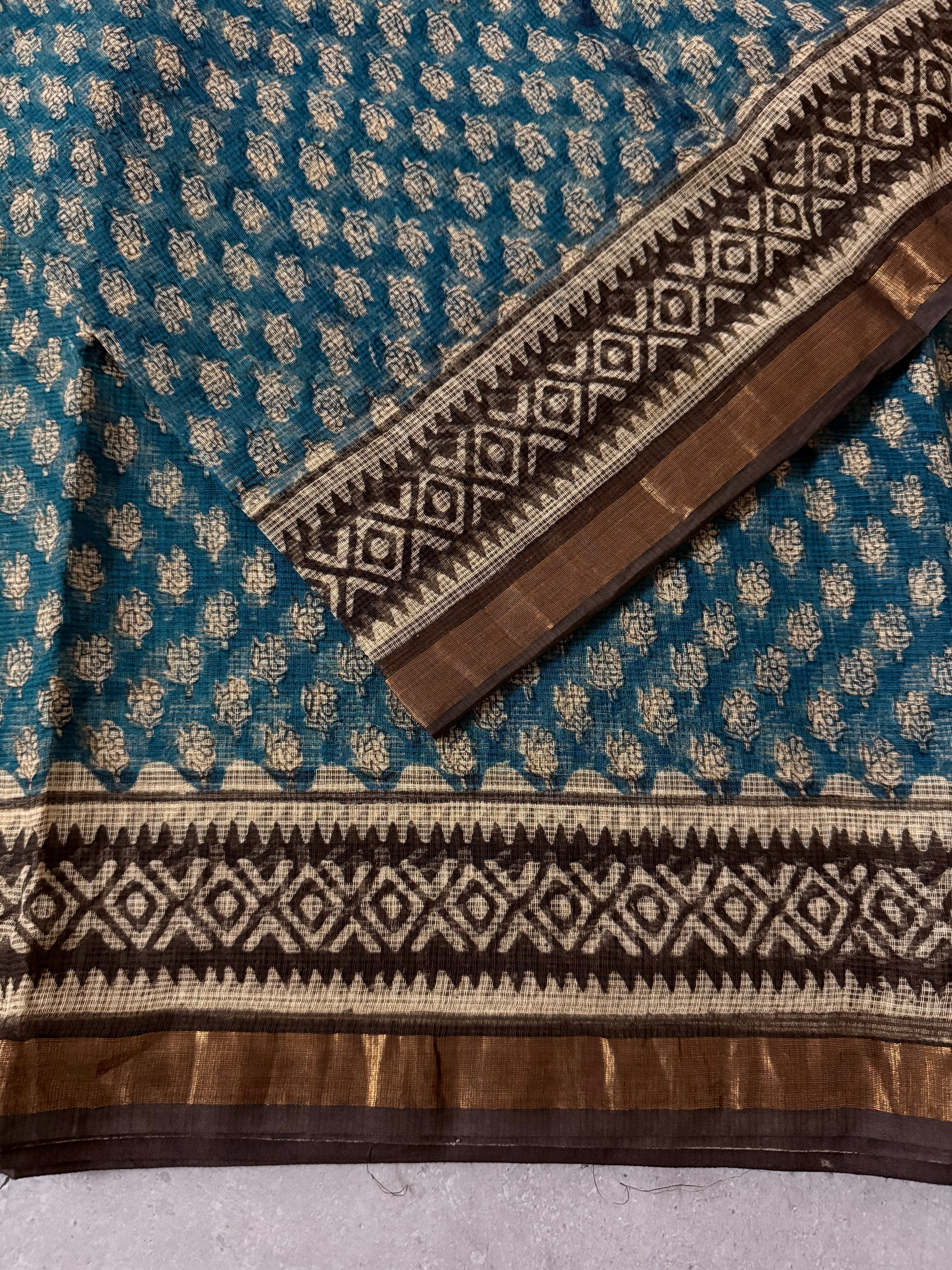 Kavisha | Blue Block Printed Kota Saree