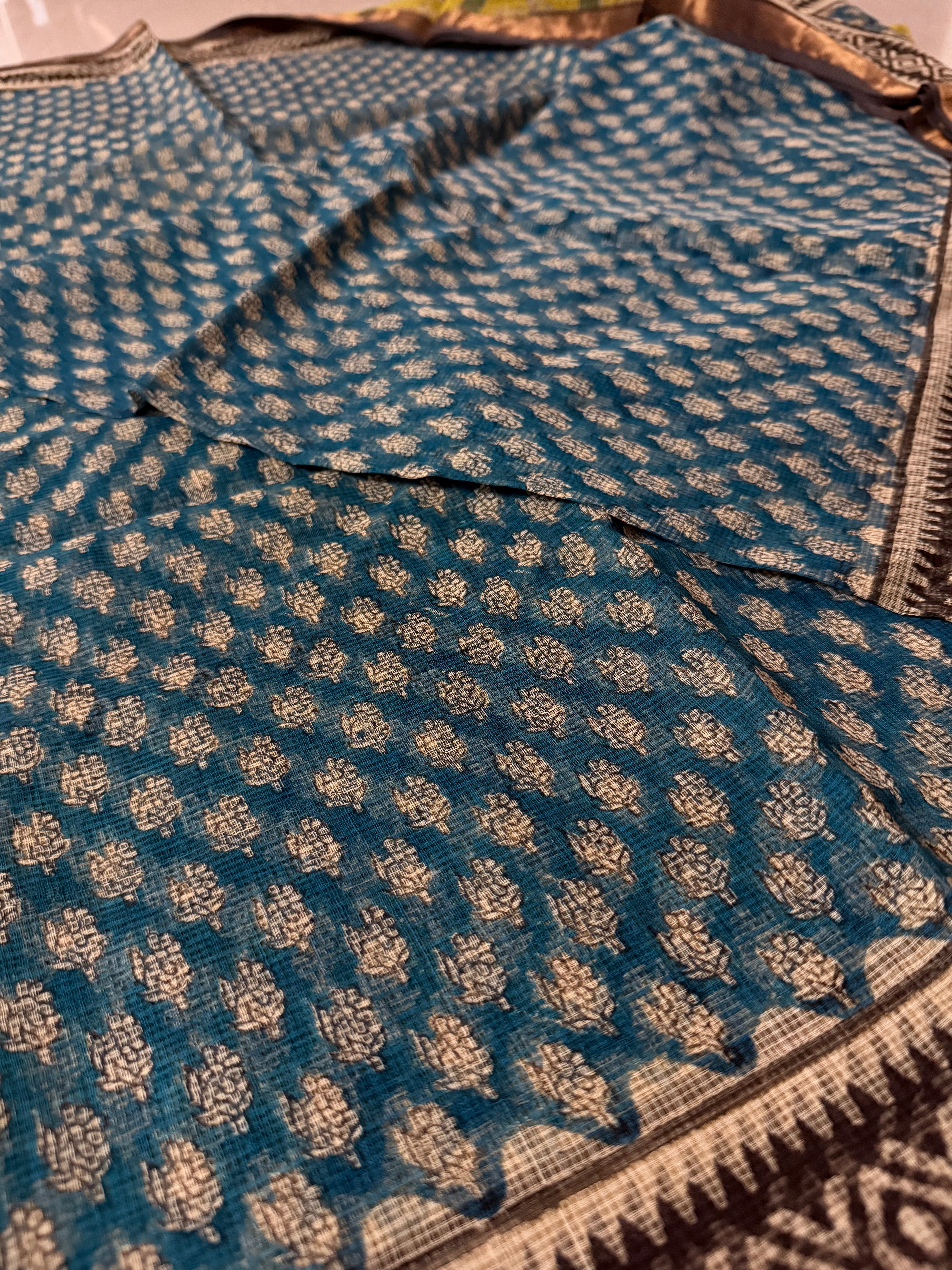 Kavisha | Blue Block Printed Kota Saree