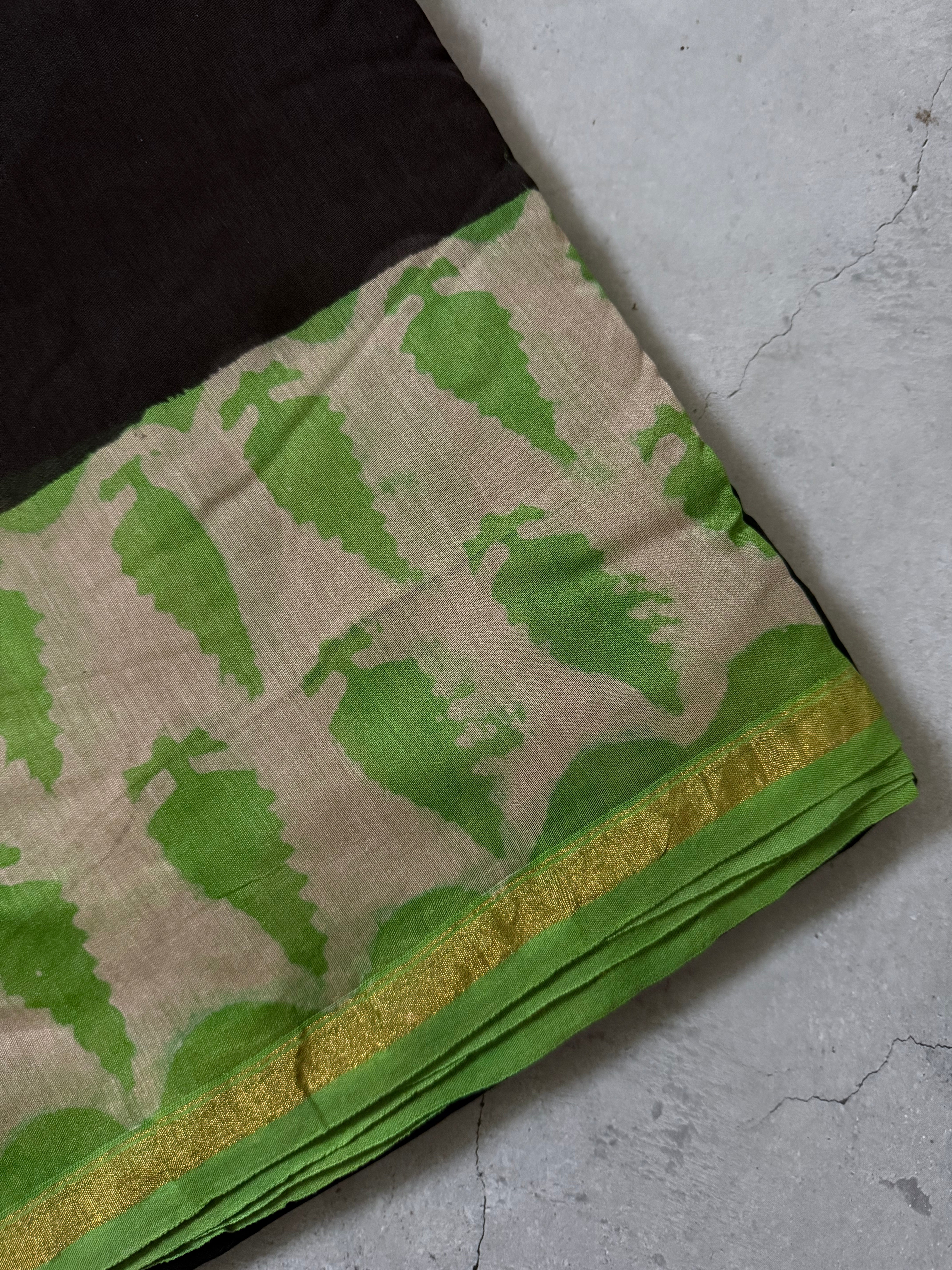 Kanisha | Black and Green Floral Block Printed Chanderi Saree
