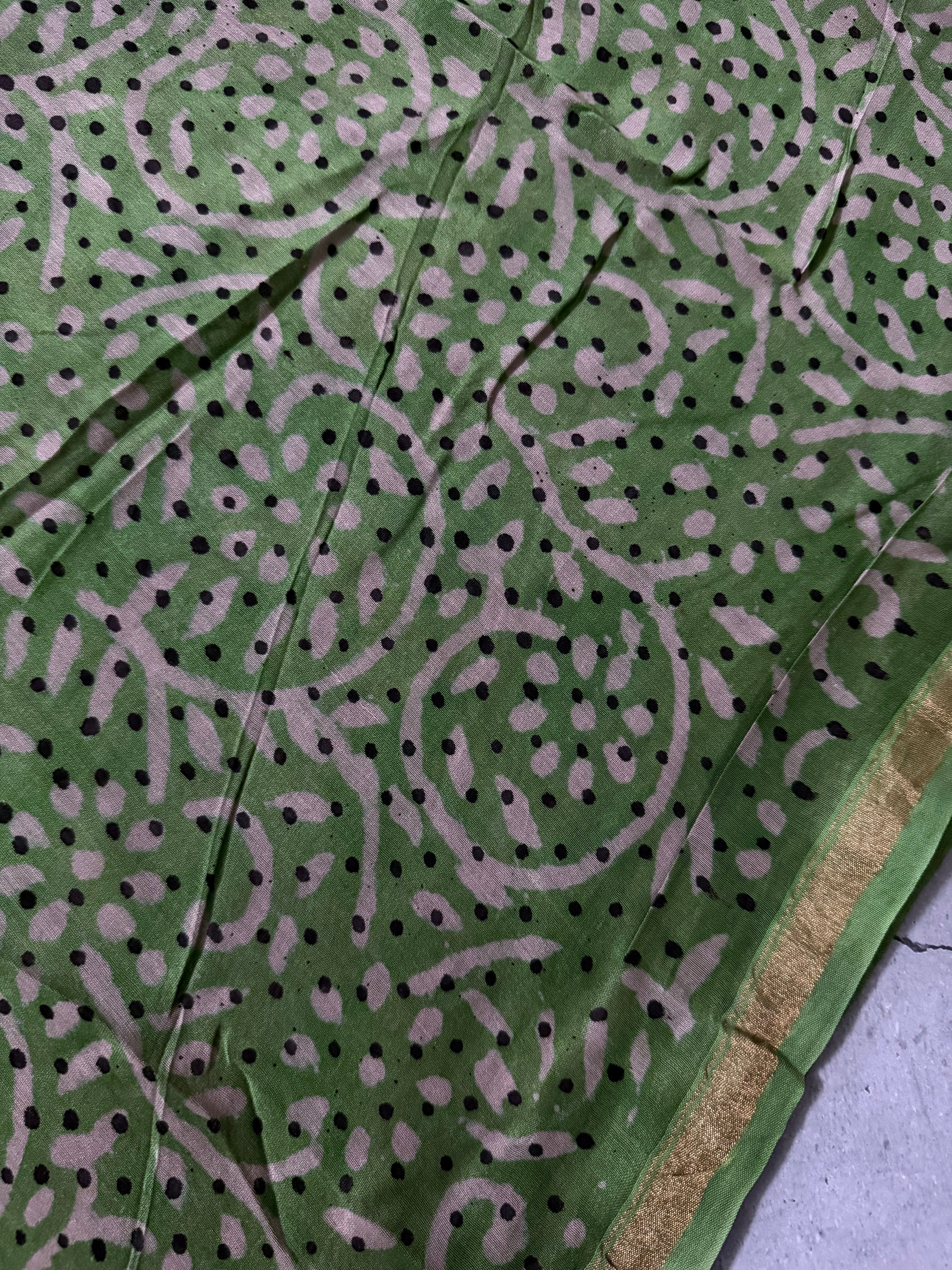 Kanisha | Black and Green Floral Block Printed Chanderi Saree