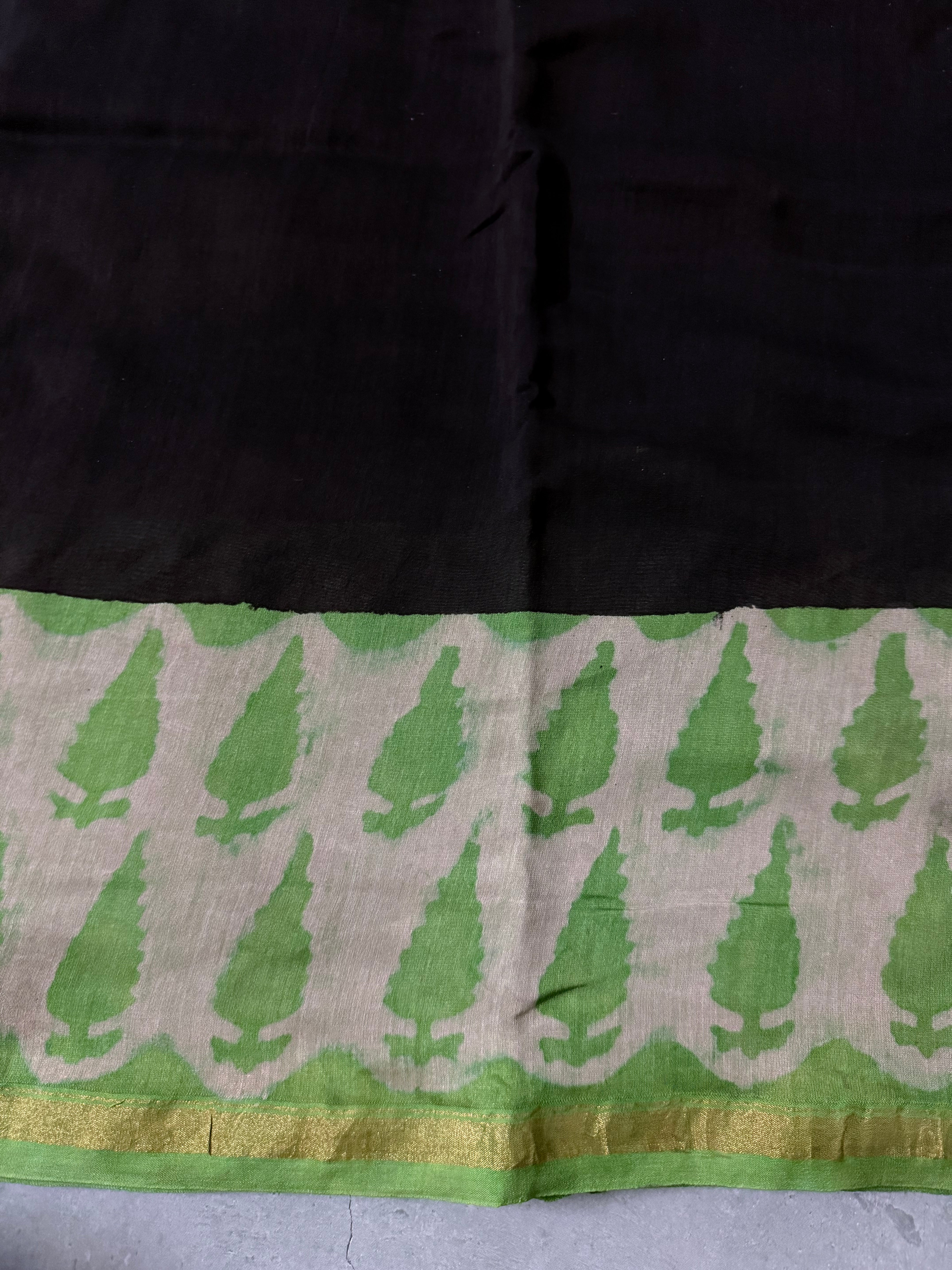 Kanisha | Black and Green Floral Block Printed Chanderi Saree
