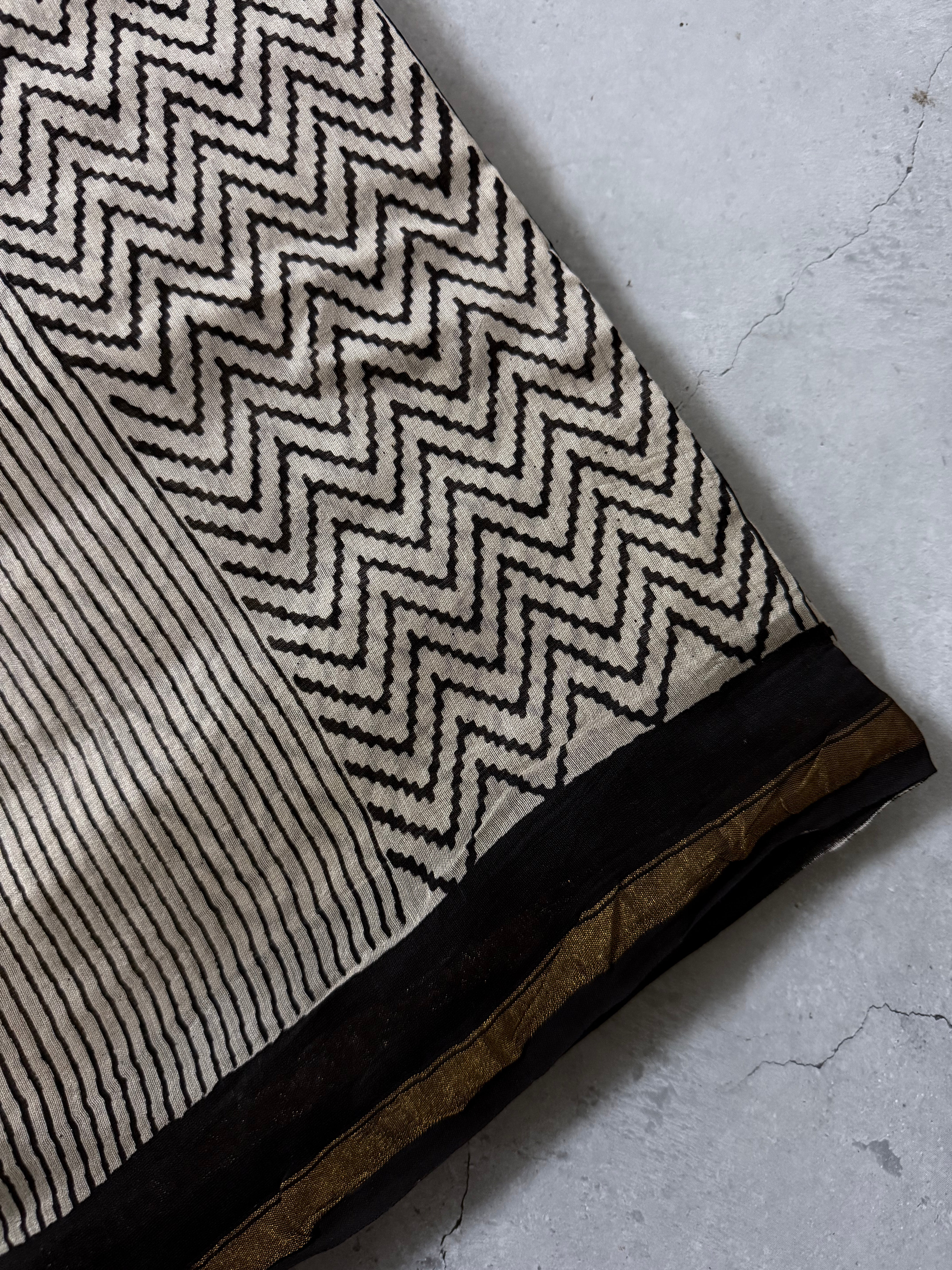 Kairavi | Beige and Black Geometric Block Printed Chanderi Saree