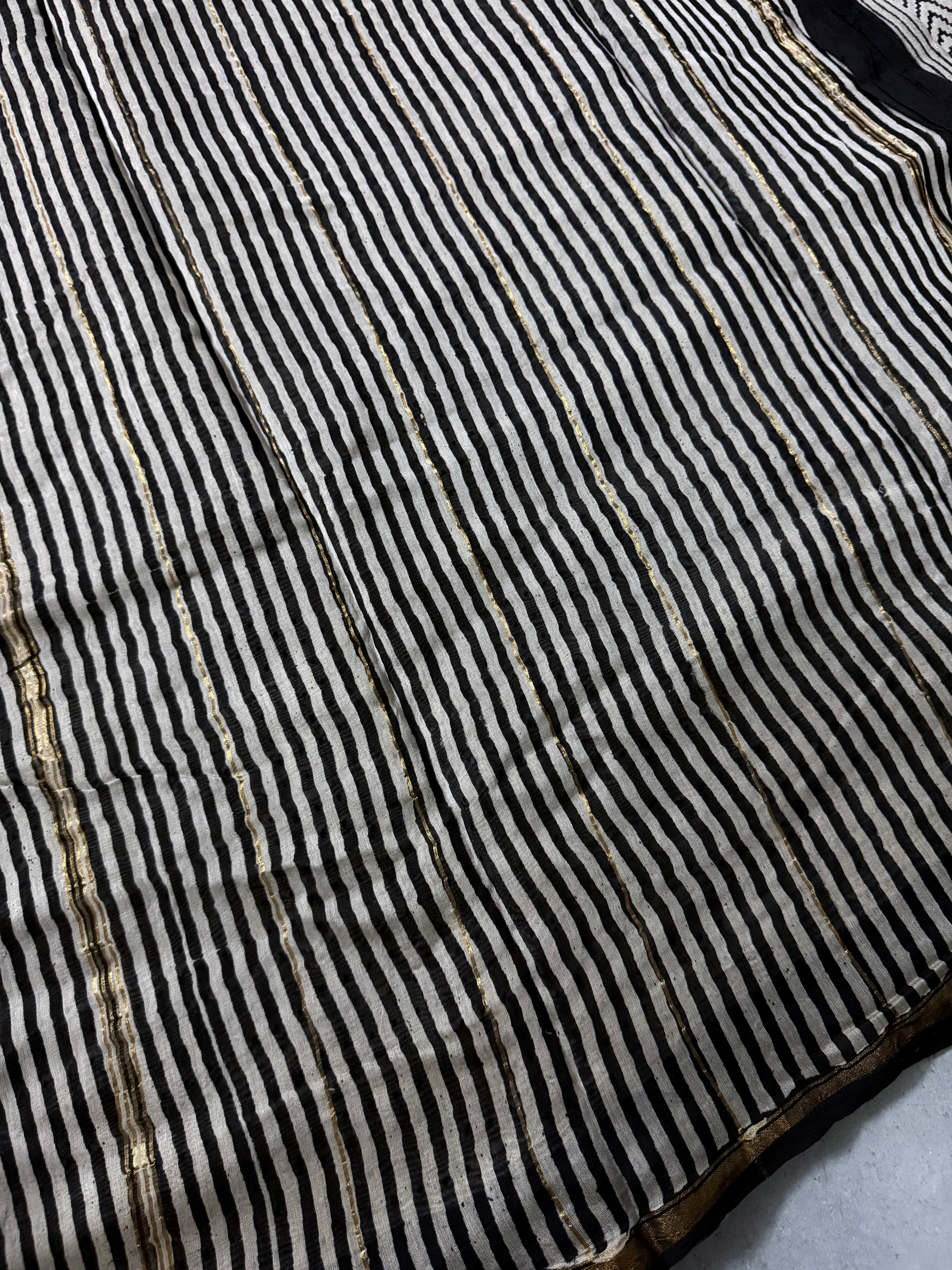 Kairavi | Beige and Black Geometric Block Printed Chanderi Saree