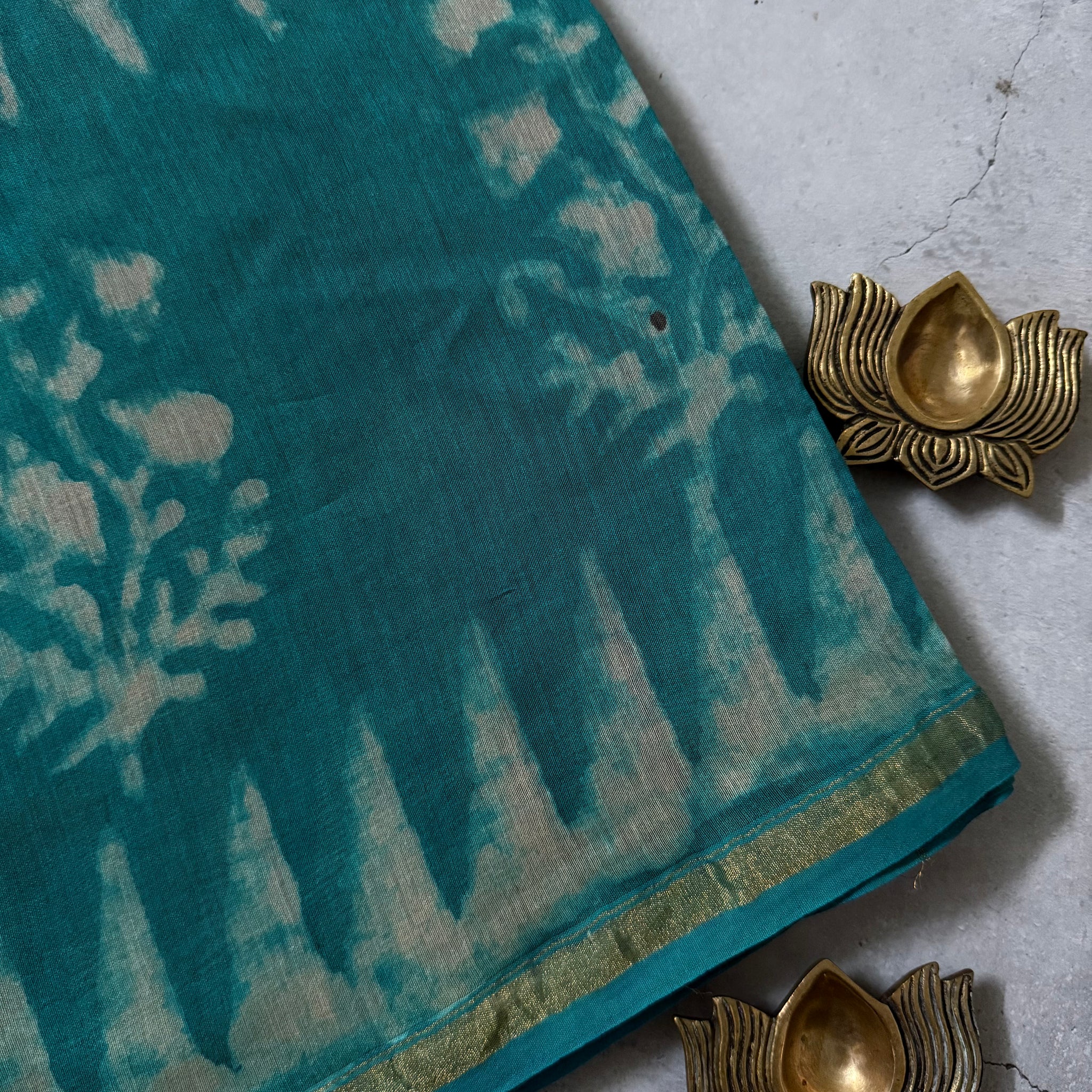 Vishaya | Black and Teal Block Printed Chanderi Saree