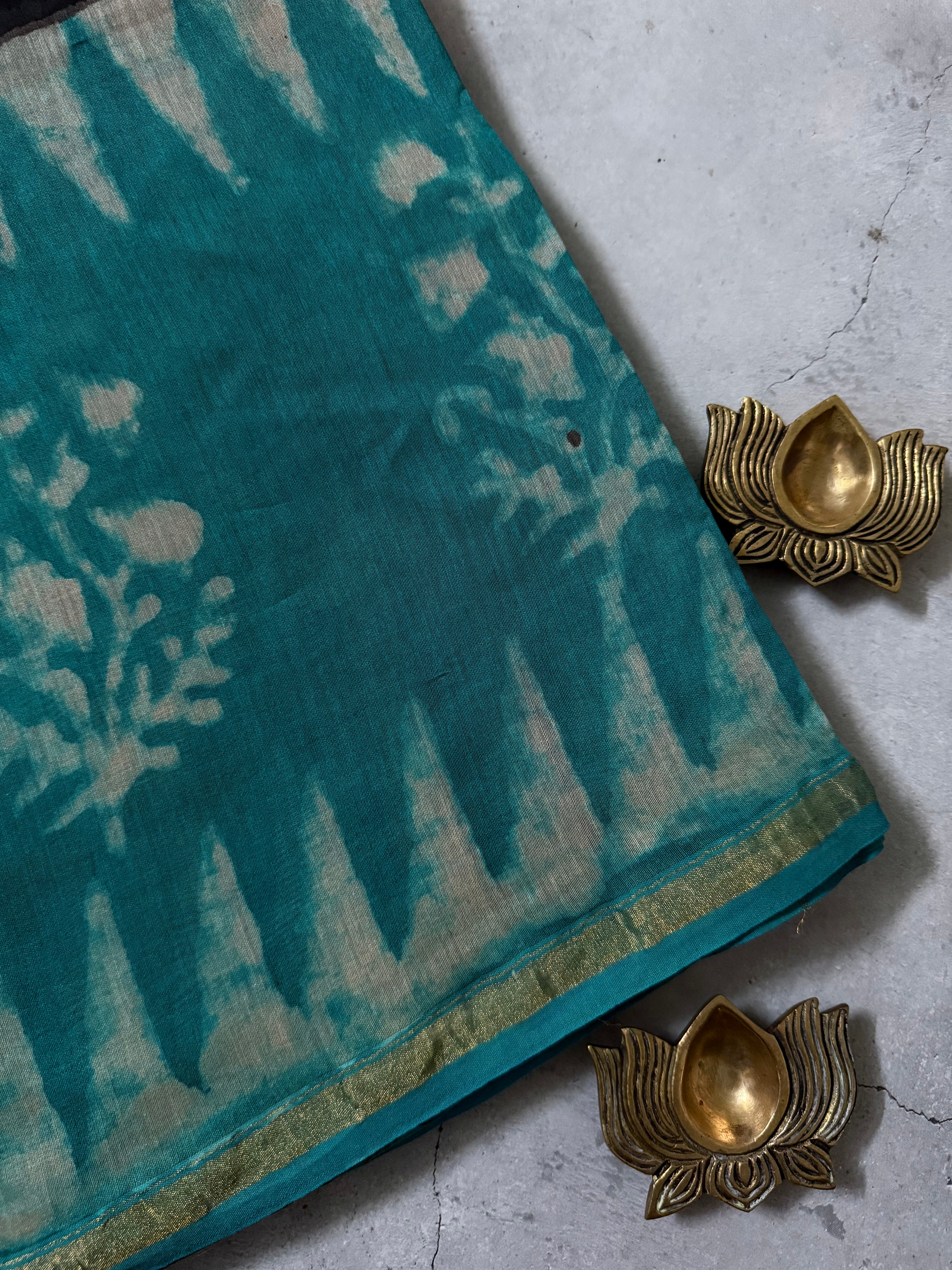 Vishaya | Black and Teal Block Printed Chanderi Saree