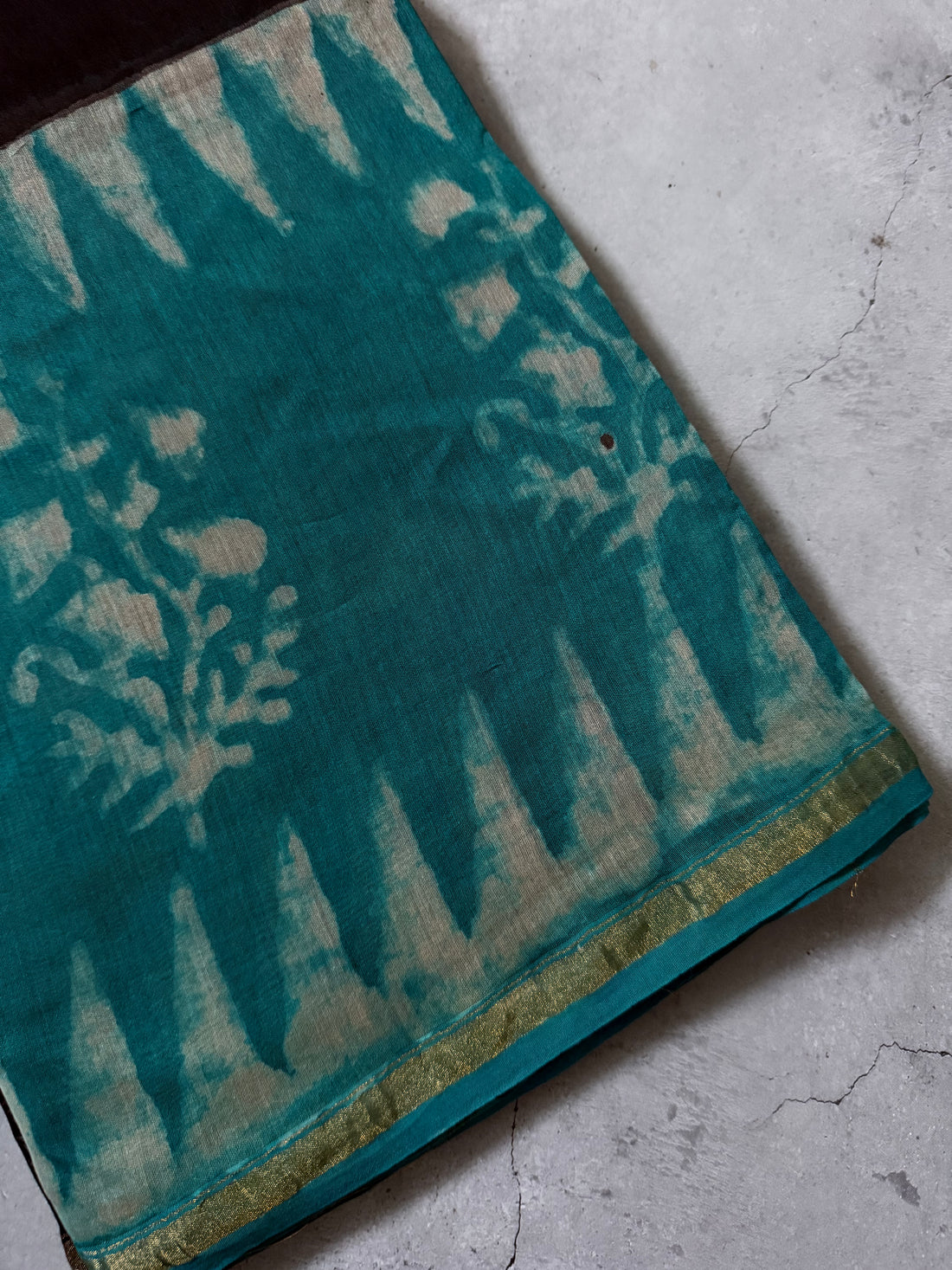 Vishaya | Black and Teal Block Printed Chanderi Saree