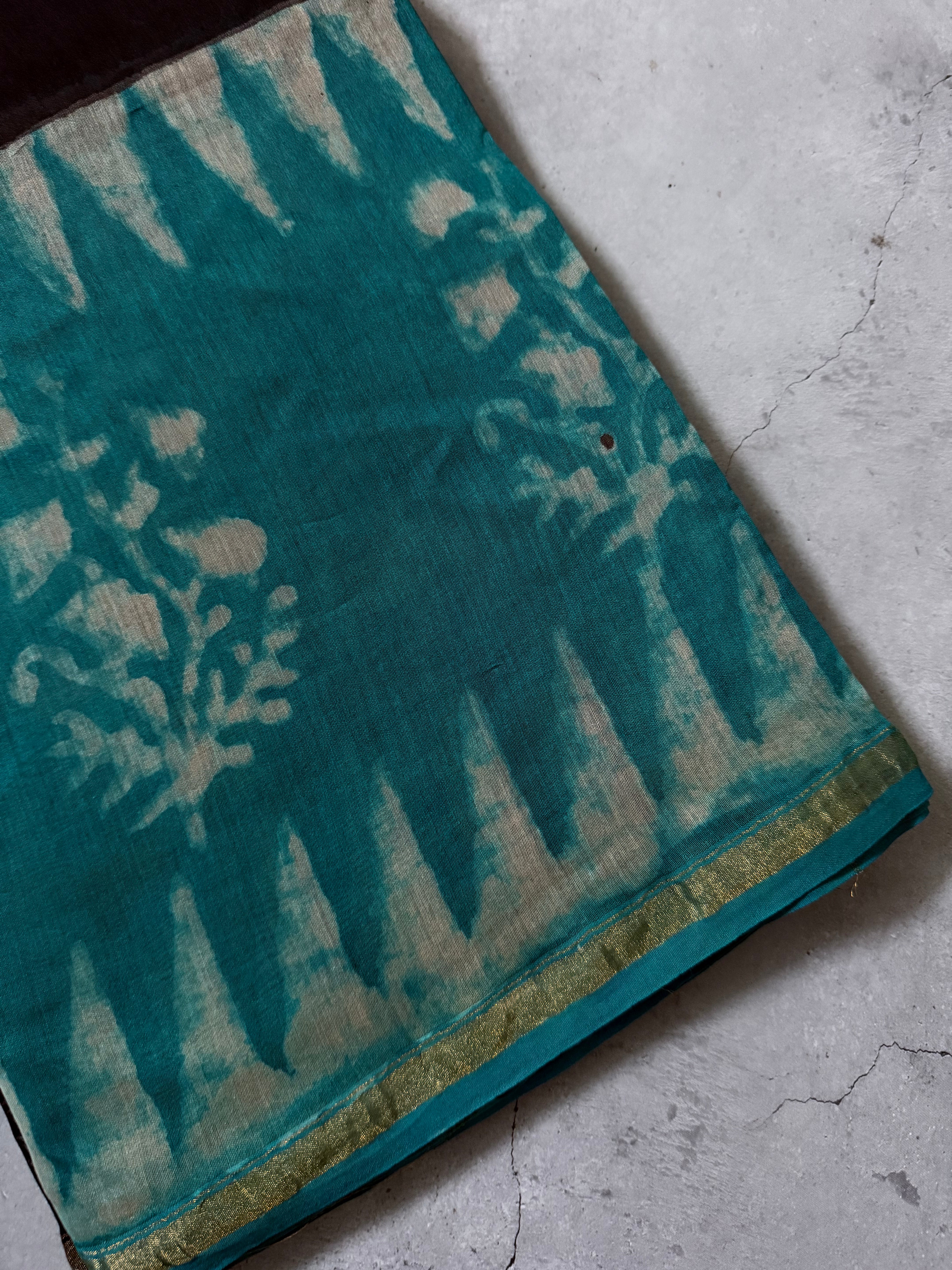 Vishaya | Black and Teal Block Printed Chanderi Saree