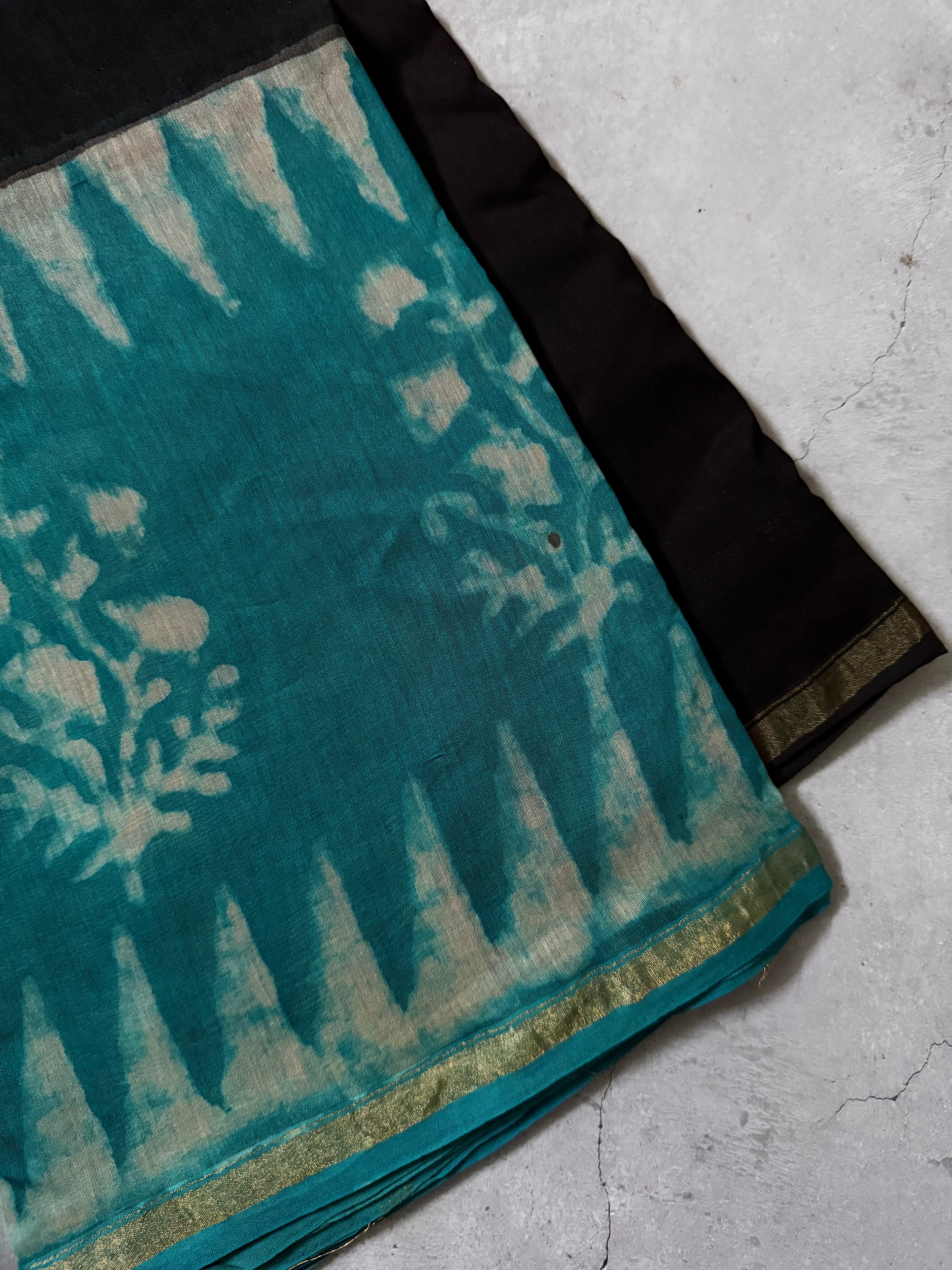 Vishaya | Black and Teal Block Printed Chanderi Saree