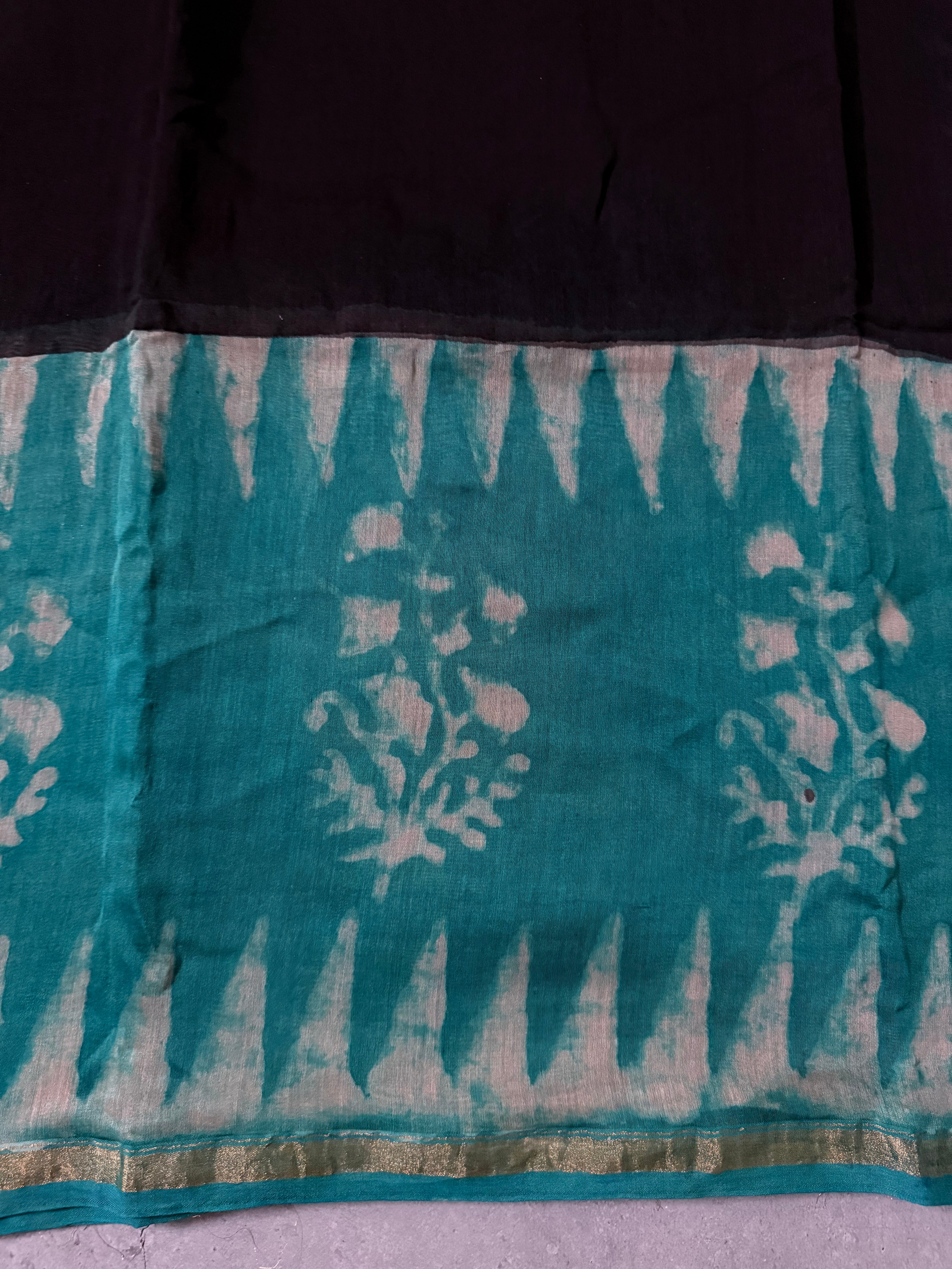 Vishaya | Black and Teal Block Printed Chanderi Saree
