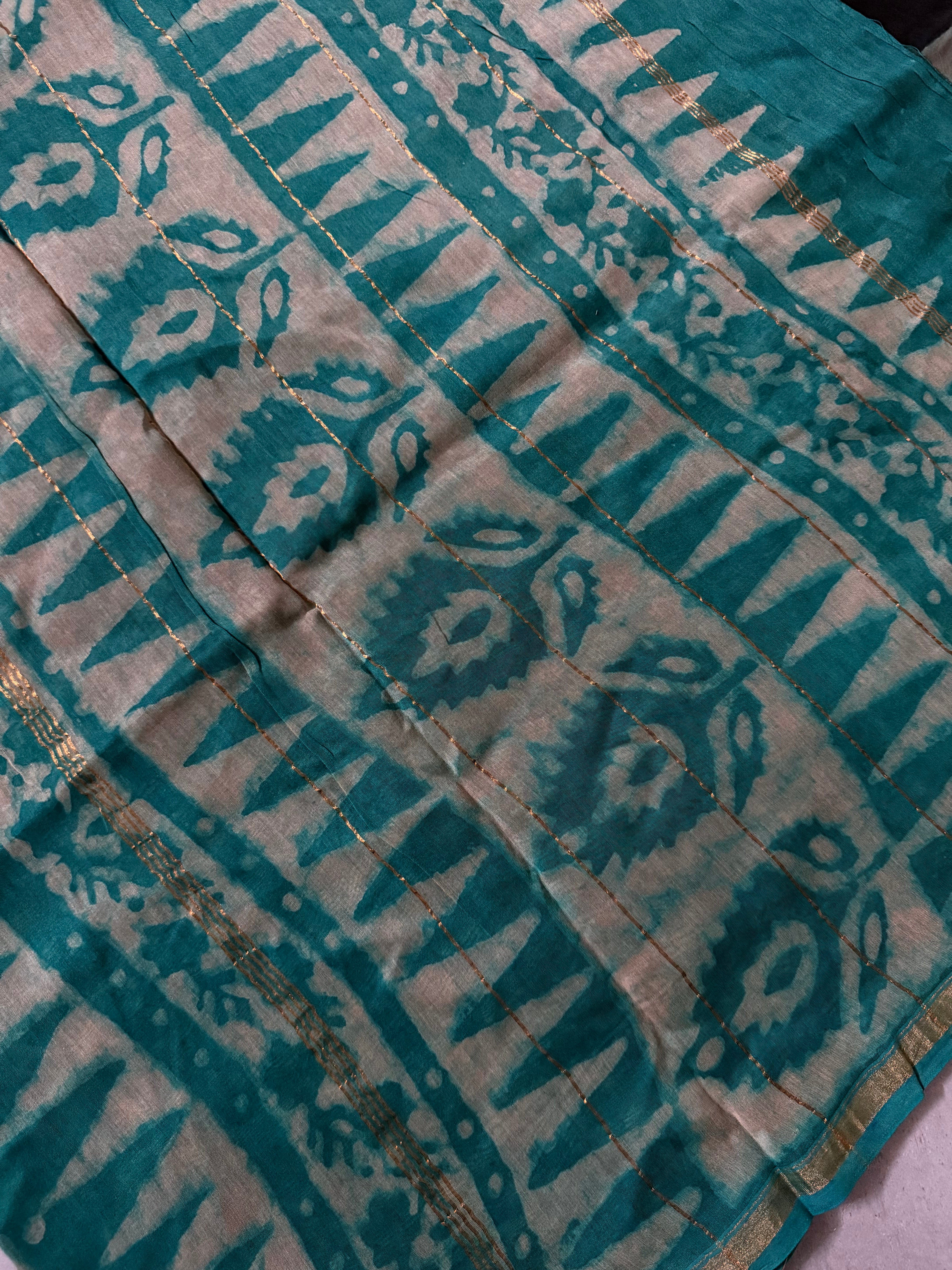 Vishaya | Black and Teal Block Printed Chanderi Saree