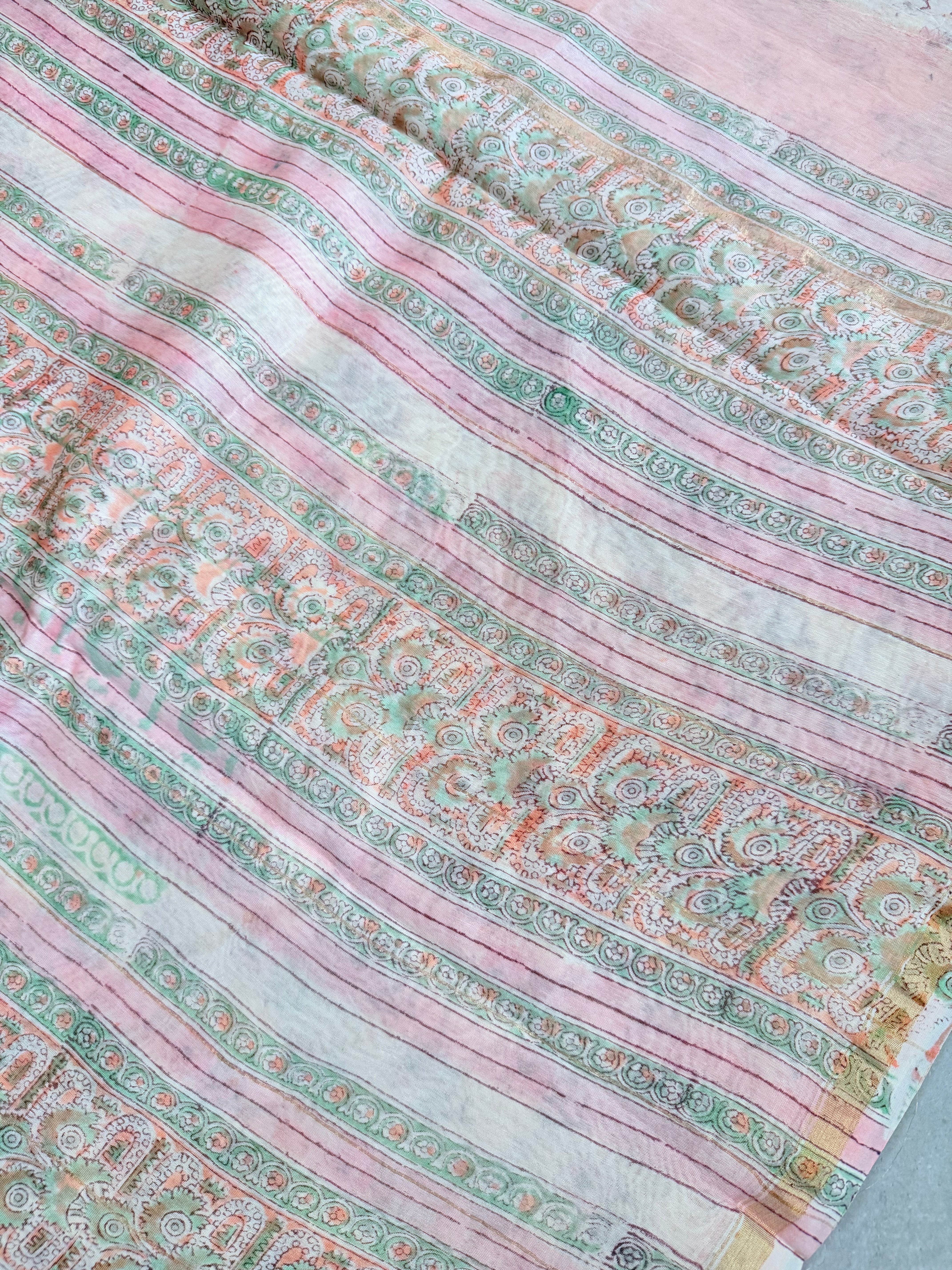 Tulasii | Peach and White Floral Block Printed Chanderi Saree