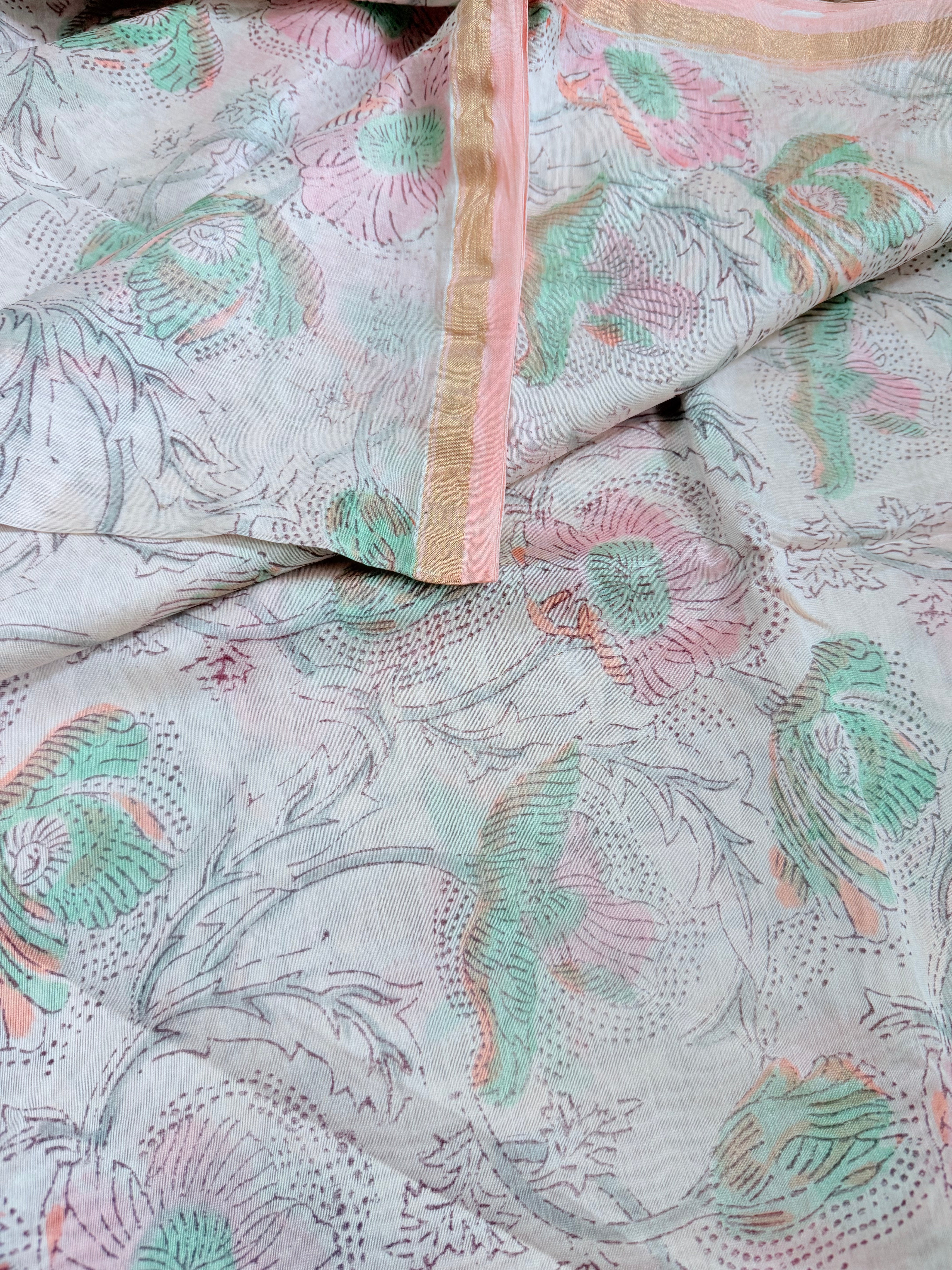 Tulasii | Peach and White Floral Block Printed Chanderi Saree