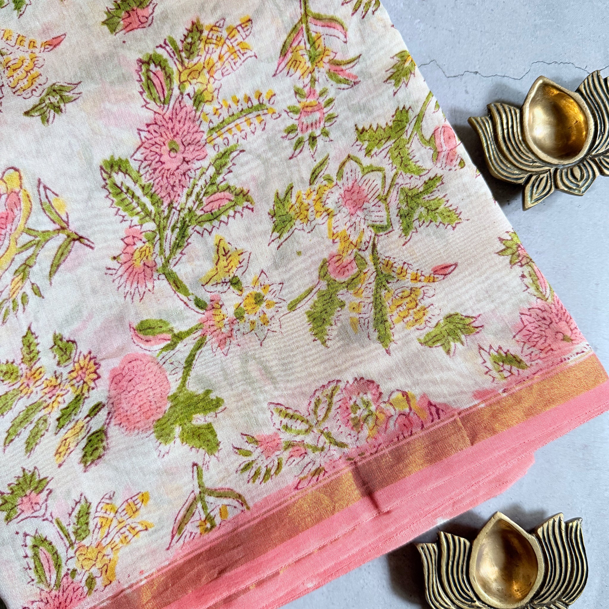 Mallika | Pink and White Floral Block Printed Chanderi Saree