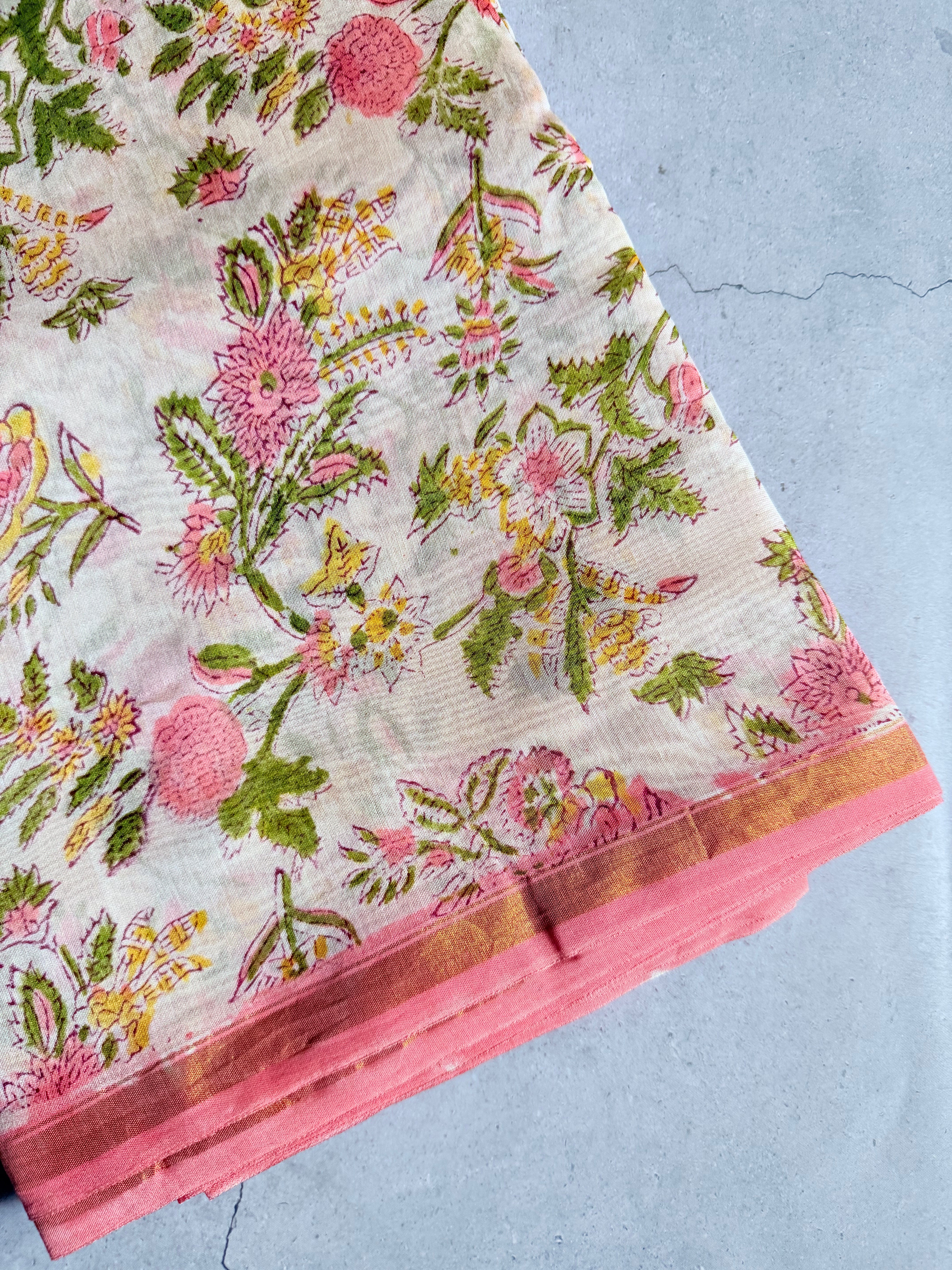 Mallika | Pink and White Floral Block Printed Chanderi Saree