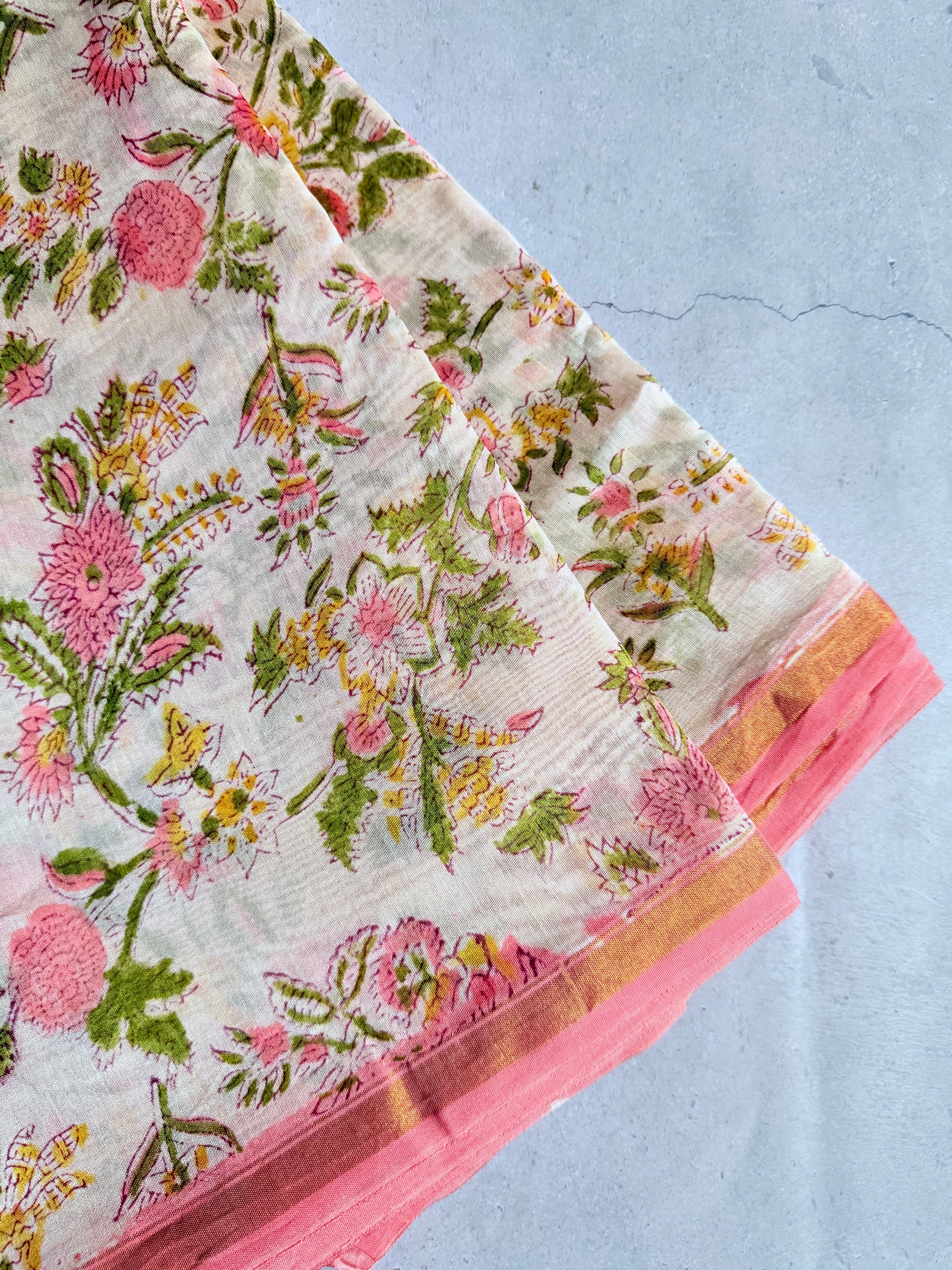 Mallika | Pink and White Floral Block Printed Chanderi Saree