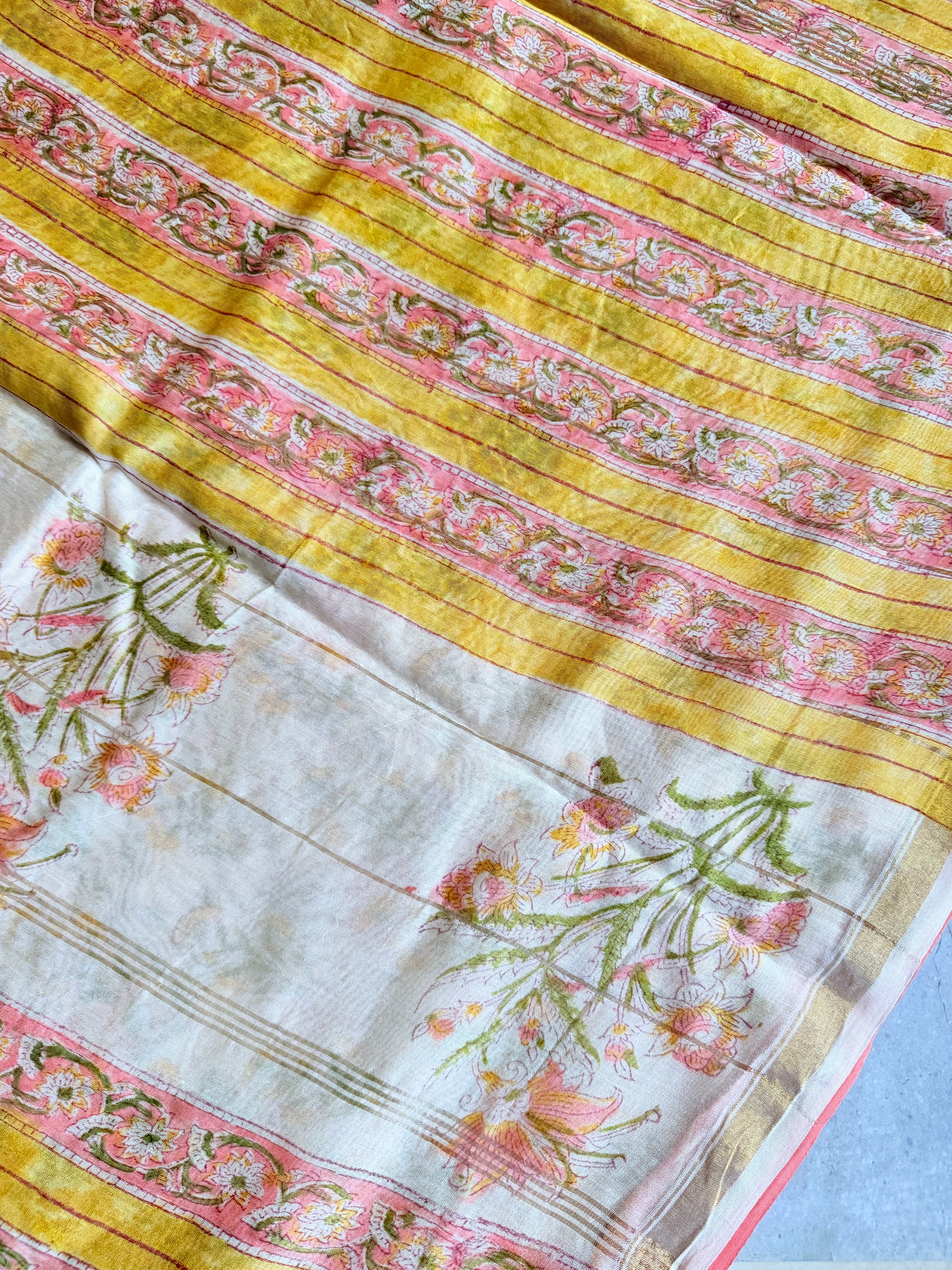 Mallika | Pink and White Floral Block Printed Chanderi Saree