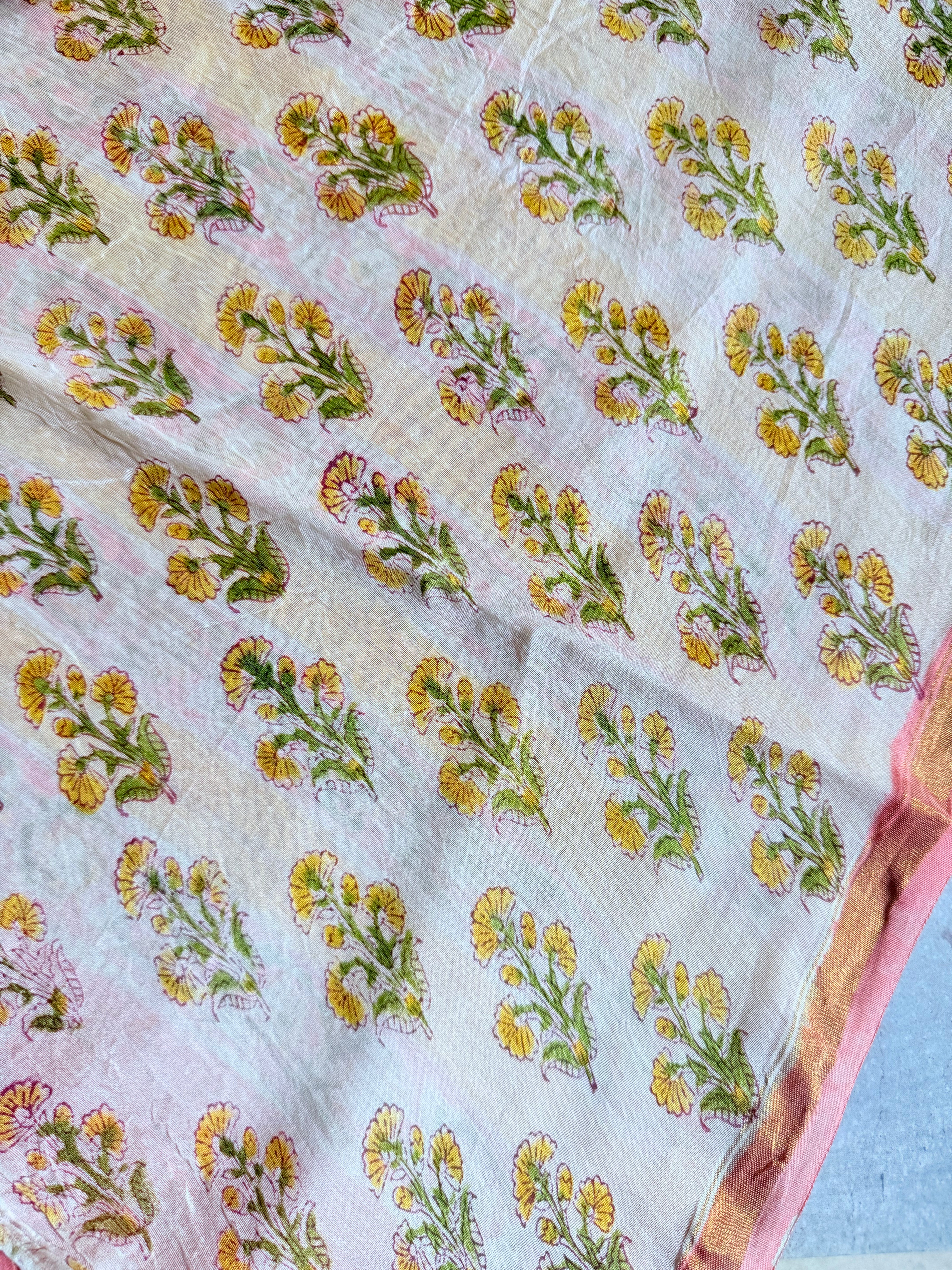 Mallika | Pink and White Floral Block Printed Chanderi Saree