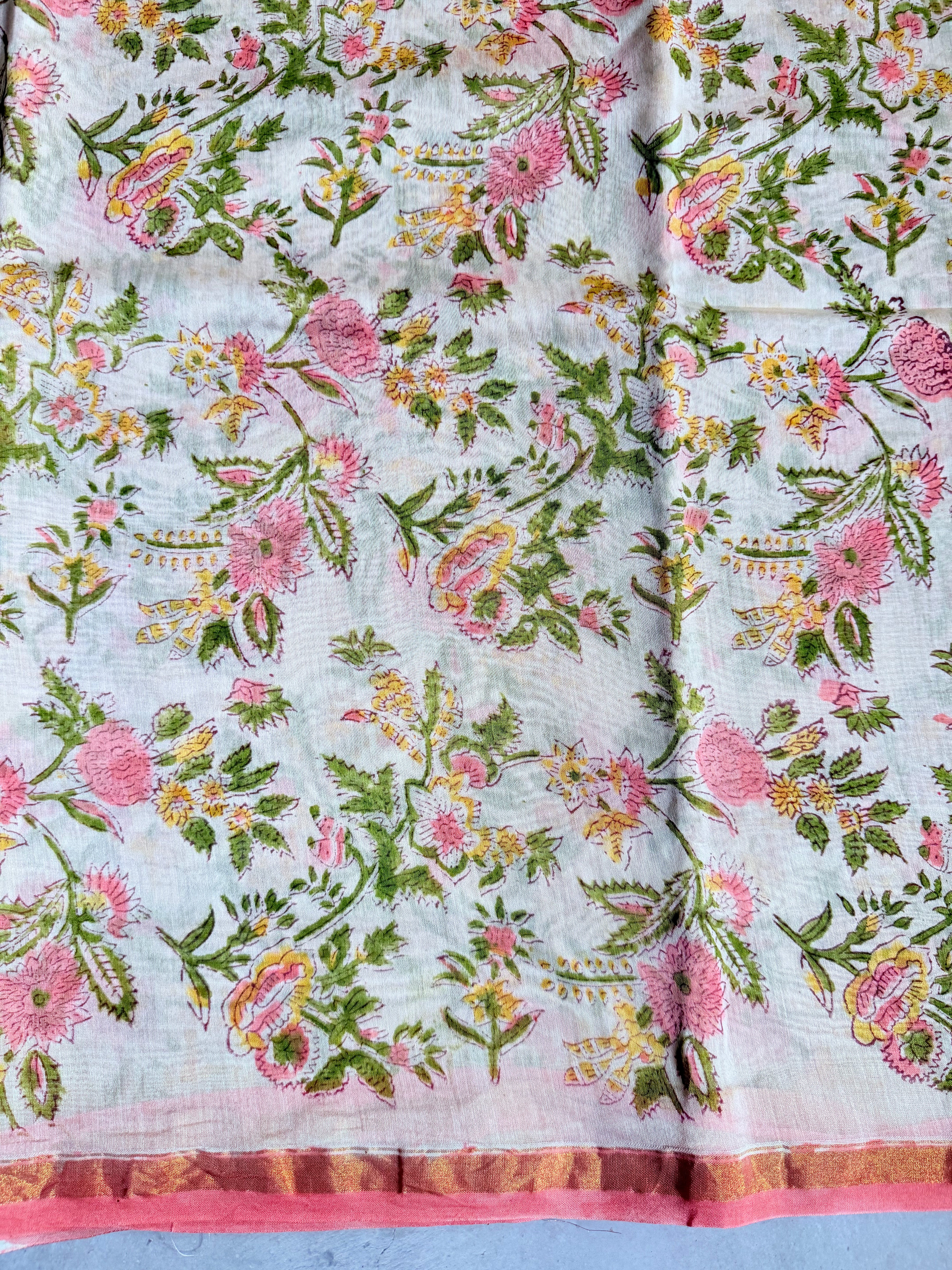 Mallika | Pink and White Floral Block Printed Chanderi Saree
