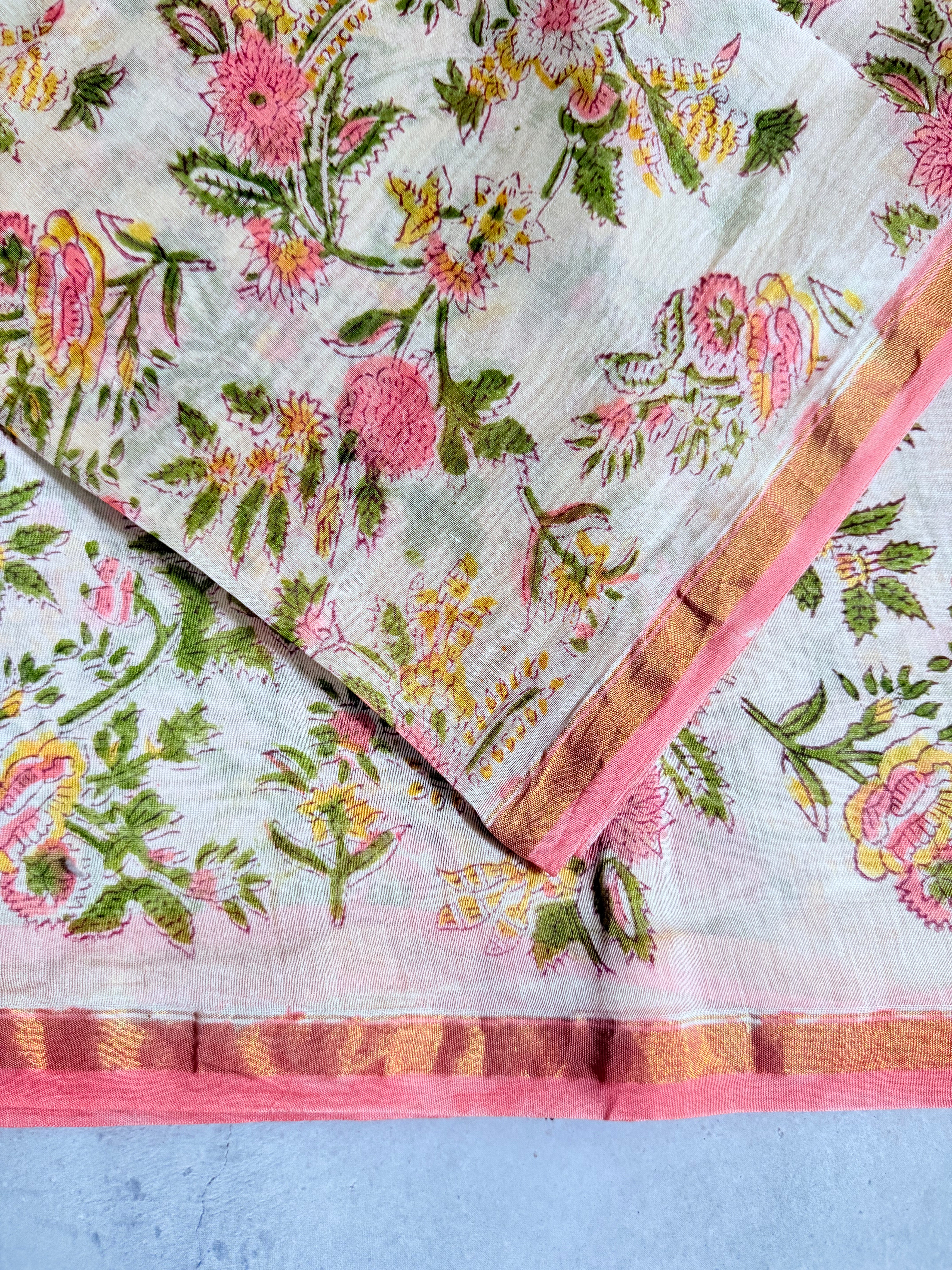 Mallika | Pink and White Floral Block Printed Chanderi Saree