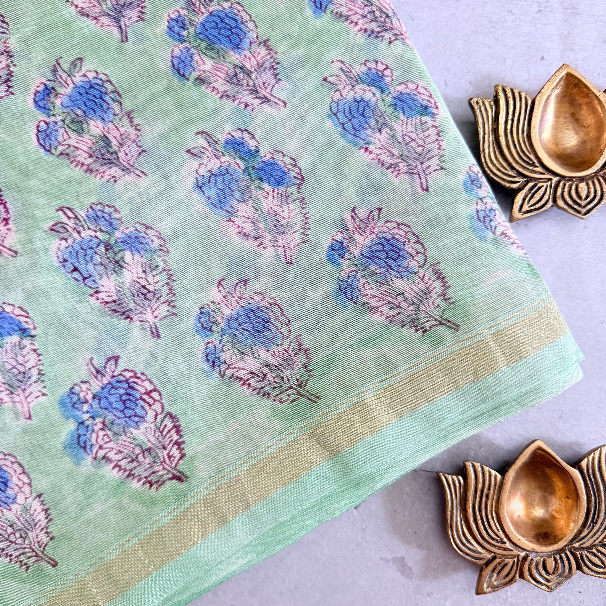 Mogra | Pastle Green Floral Block Printed Chanderi Saree