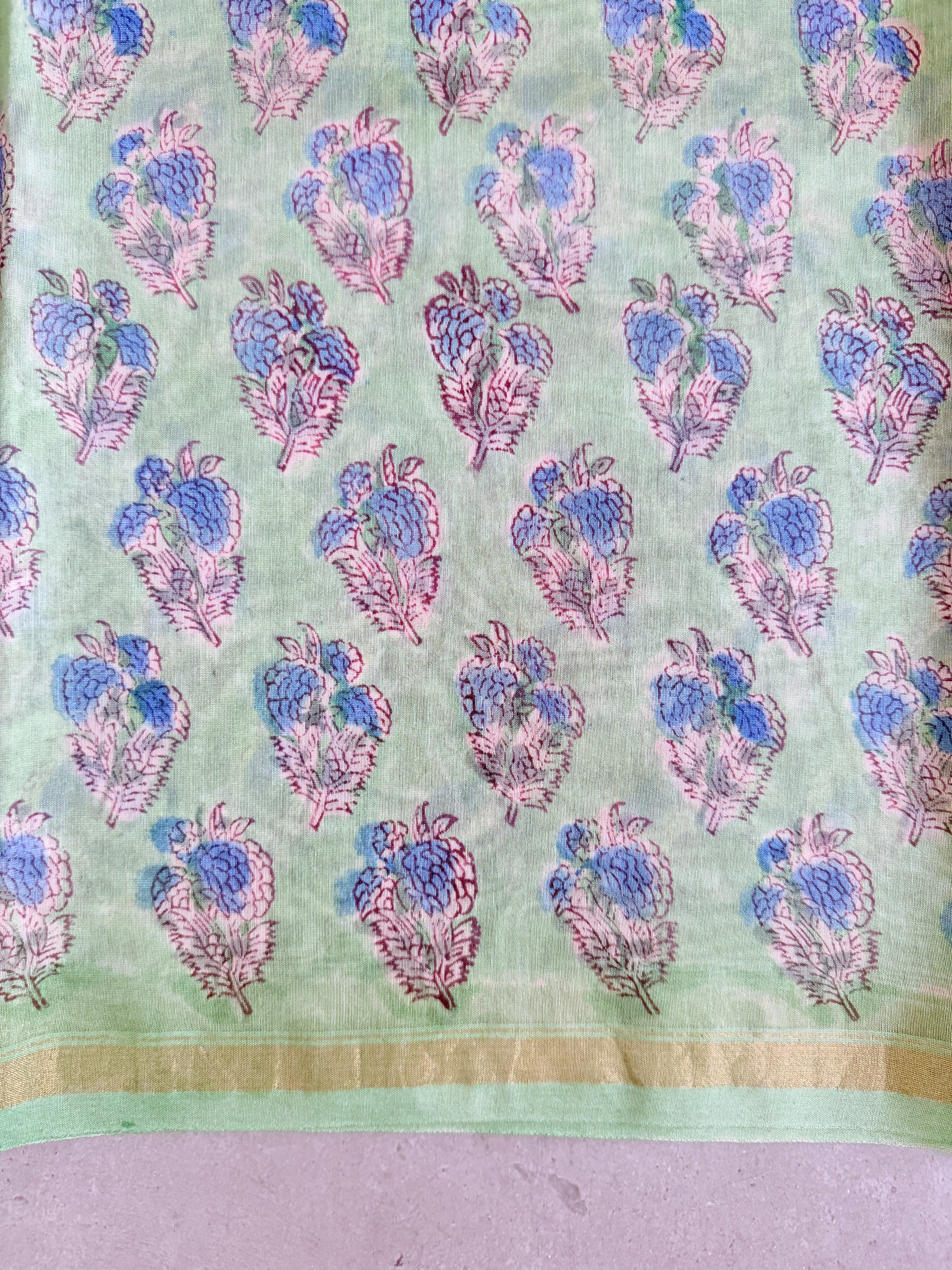 Mogra | Pastle Green Floral Block Printed Chanderi Saree