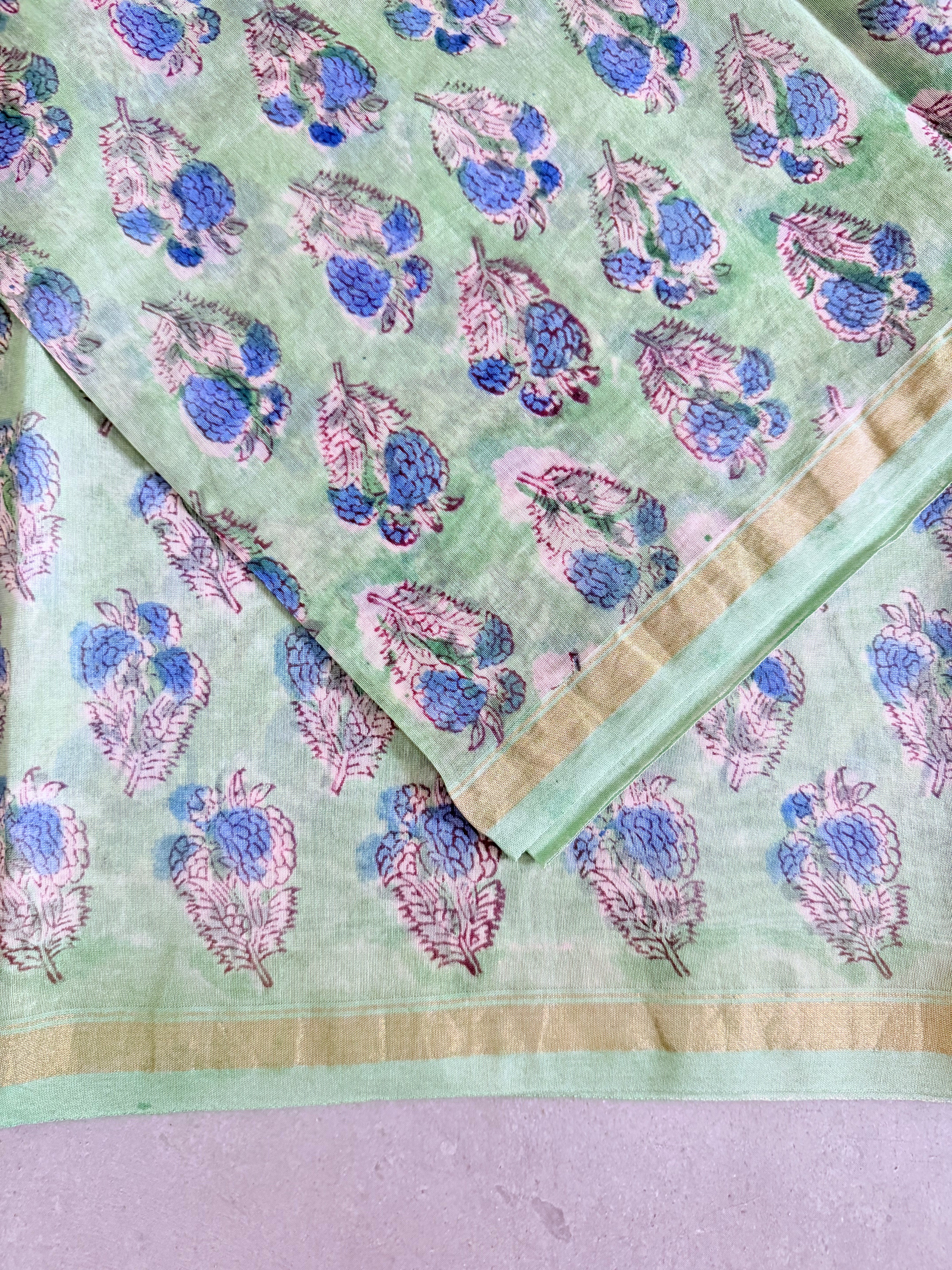 Mogra | Pastle Green Floral Block Printed Chanderi Saree