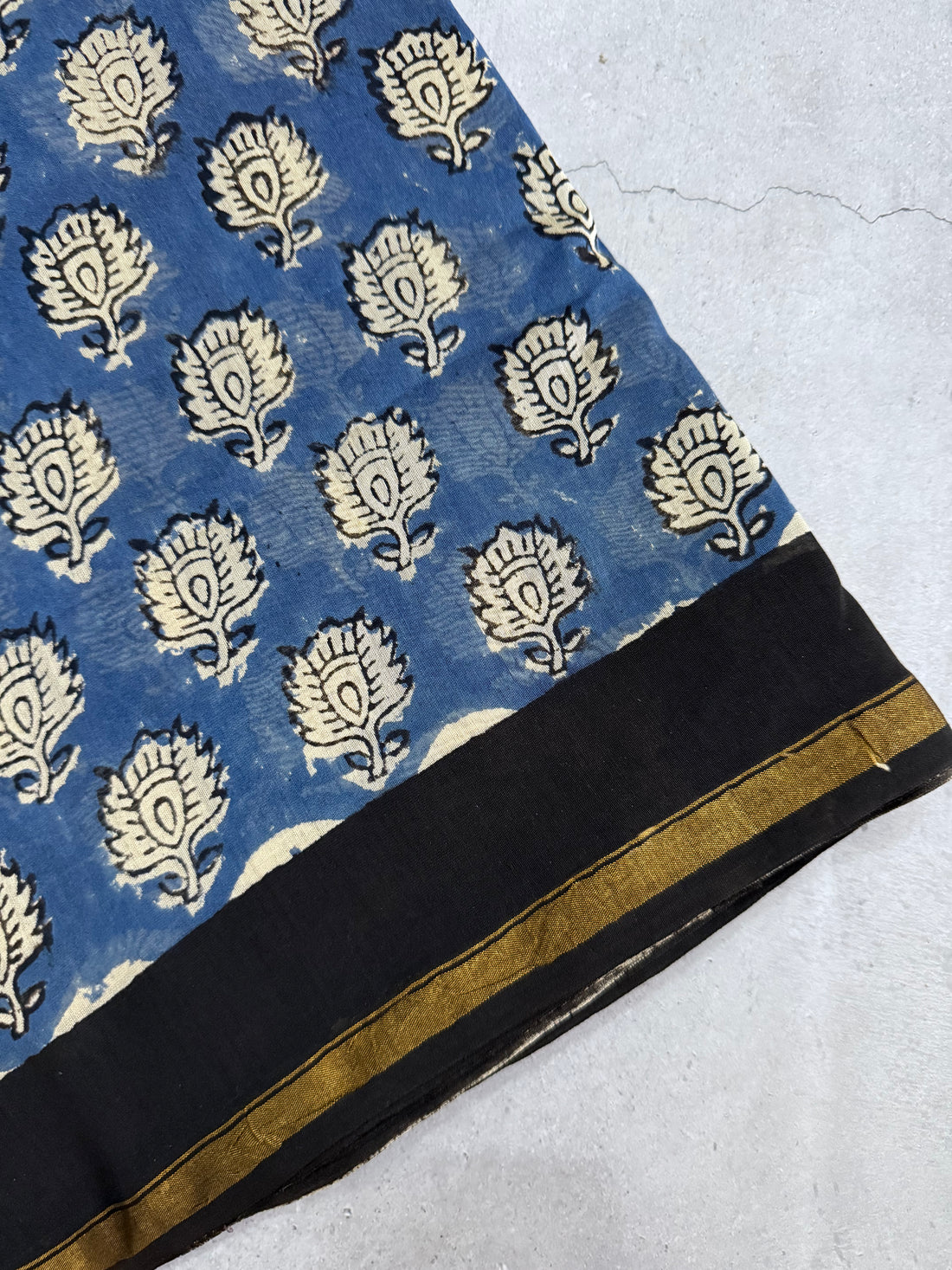 Ratnaa | Blue and Black Floral Block Printed Chanderi Saree
