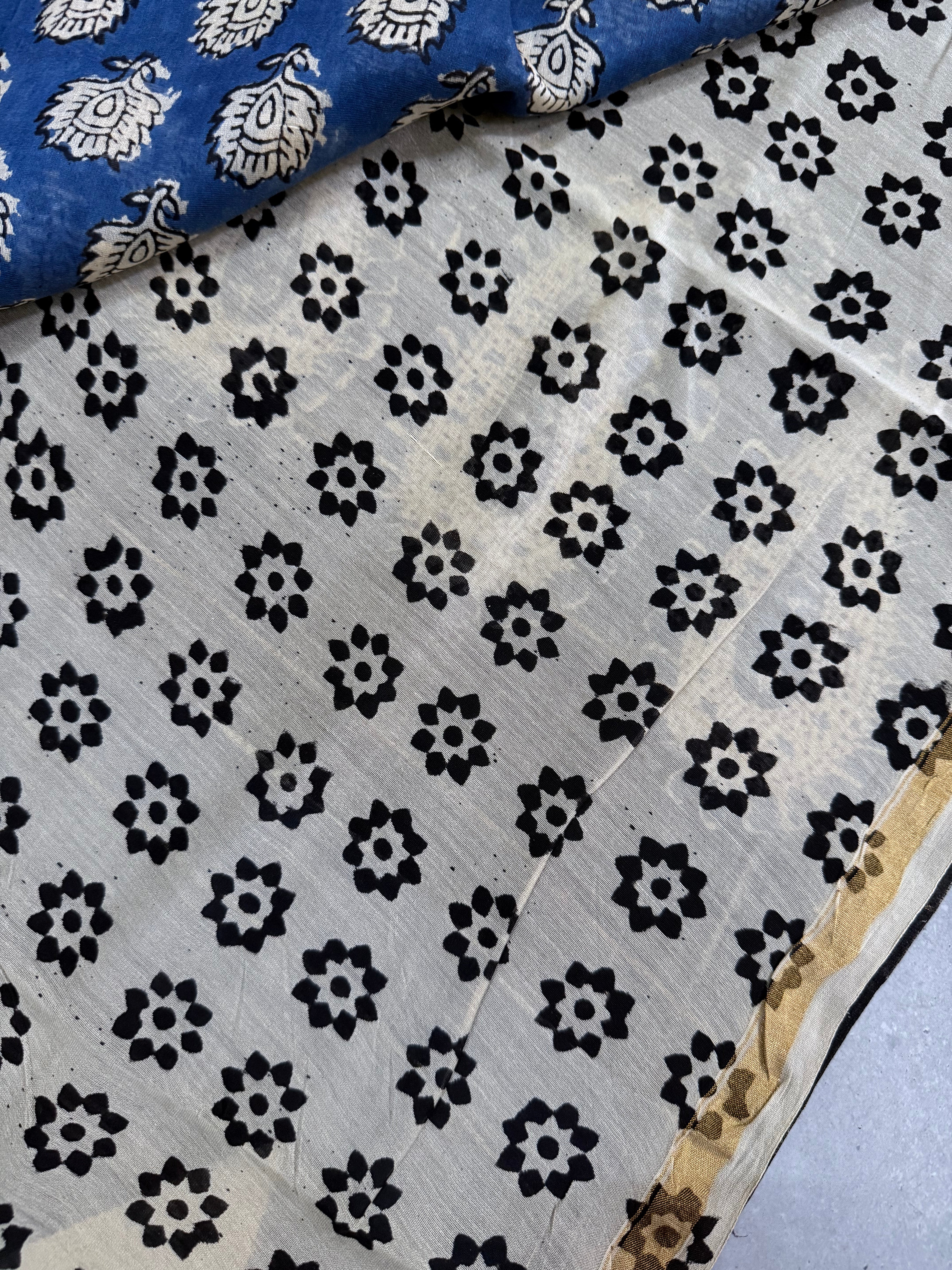 Ratnaa | Blue and Black Floral Block Printed Chanderi Saree